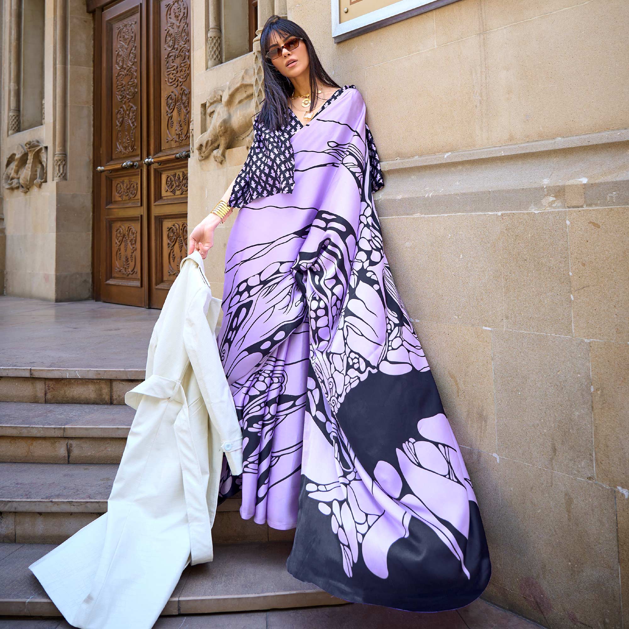 Violet Printed Crepe Saree