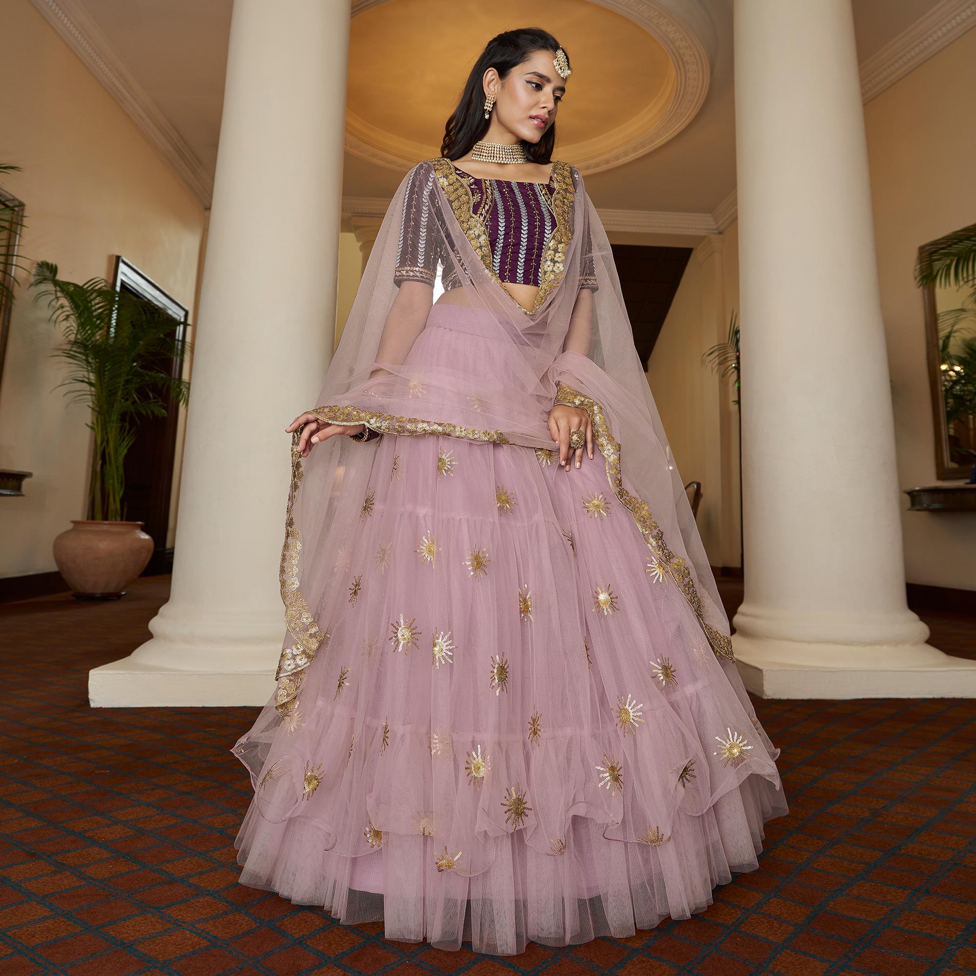 Light Purple Sequins Embroidered Netted Lehenga Choli