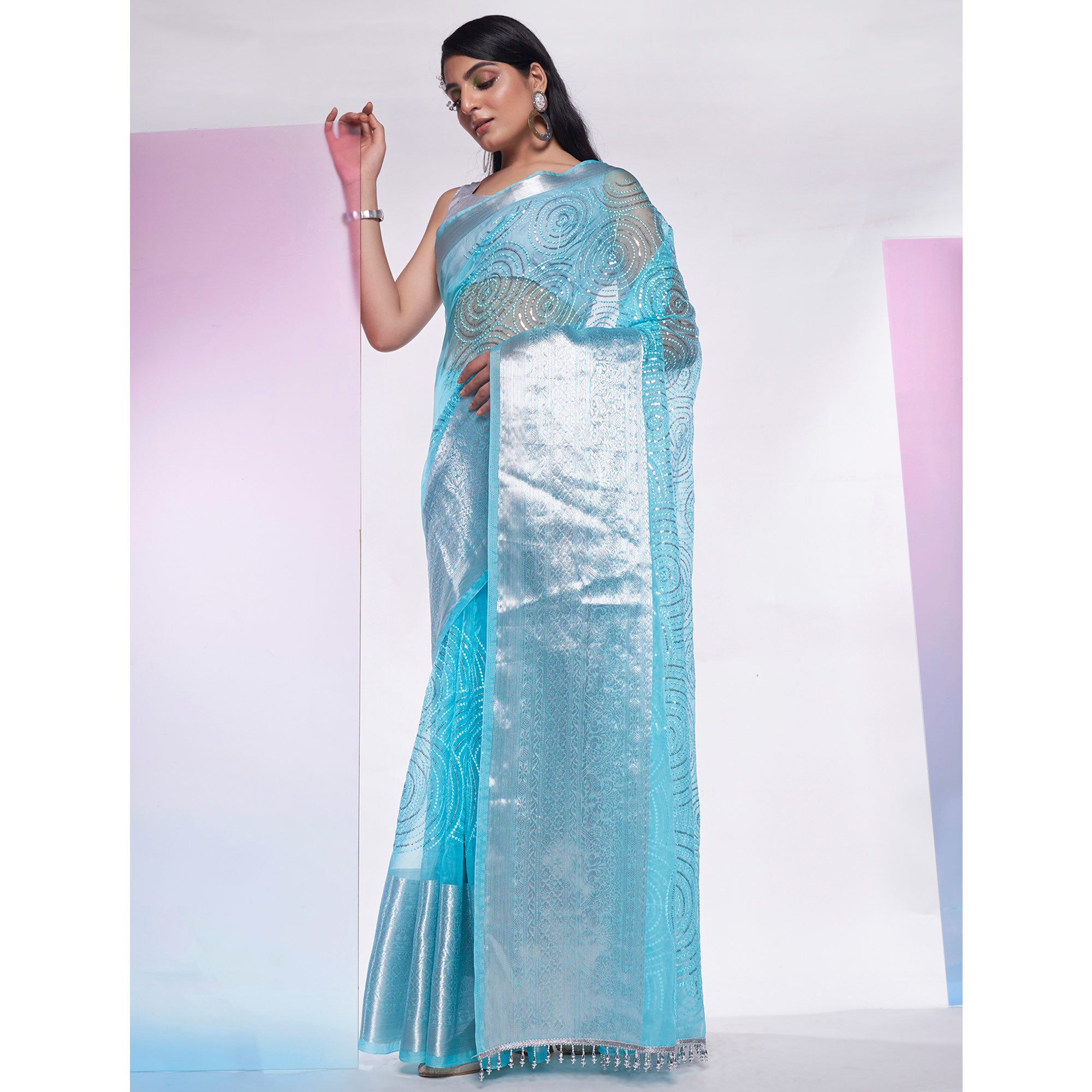 Blue Sequins Embroidered Organza Saree