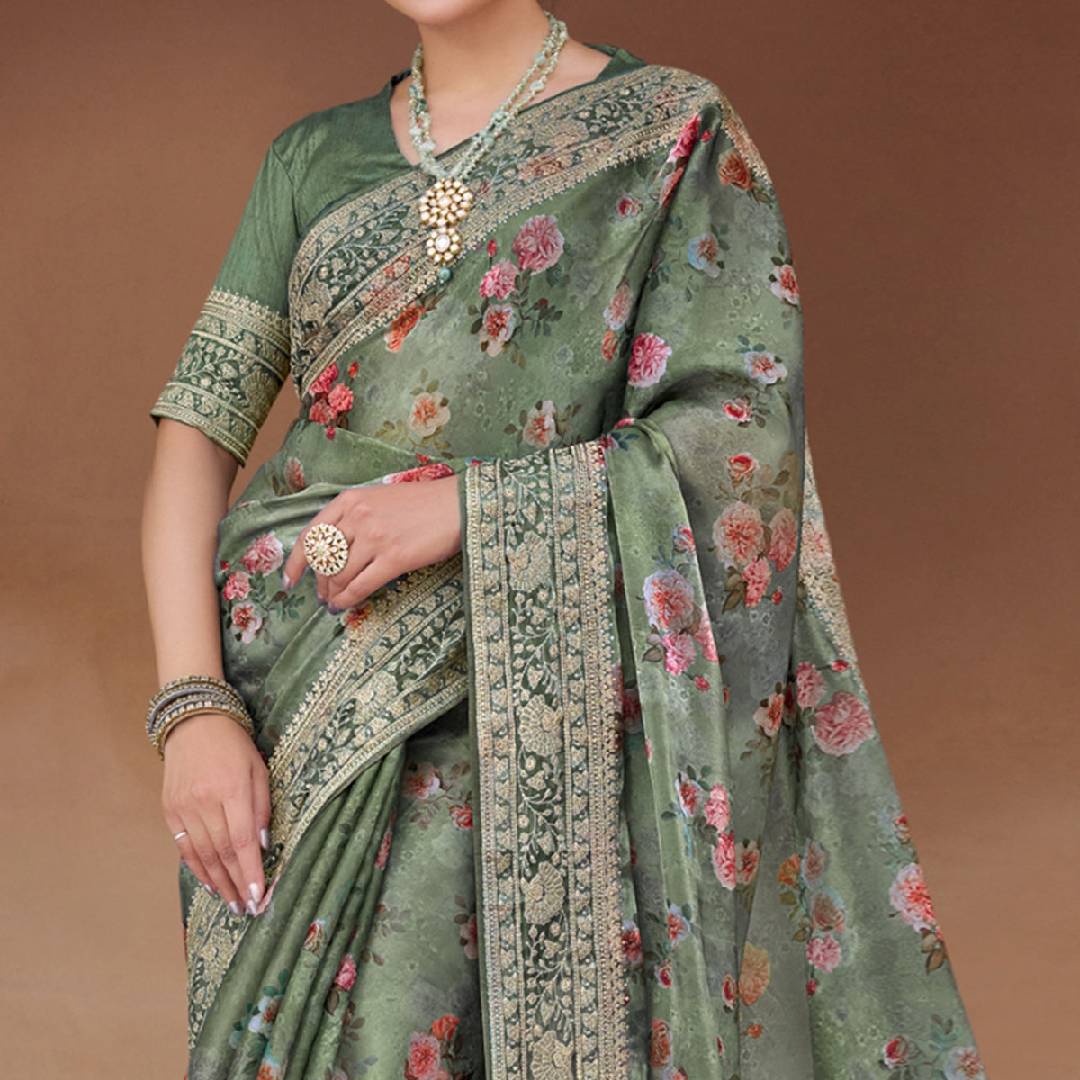 Olive Green Floral Printed With Embroidered Organza Saree