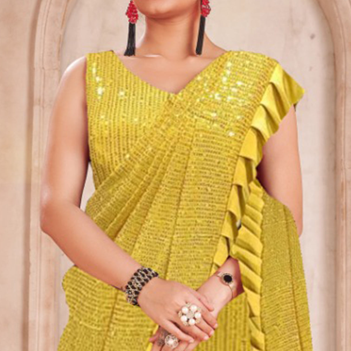 Yellow Sequins Embroidered Ready to Wear Lycra And Netted Saree