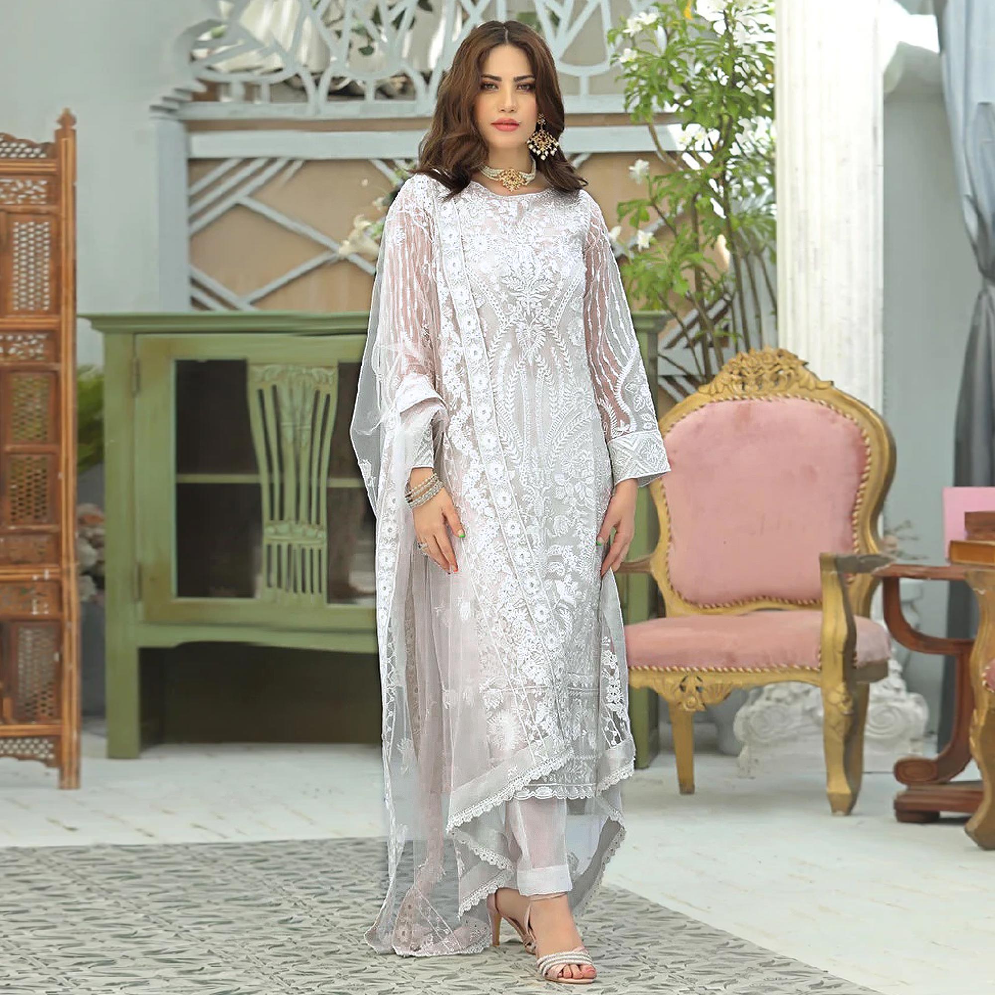 White Lucknowi Embroidered Georgette Pakistani Suit