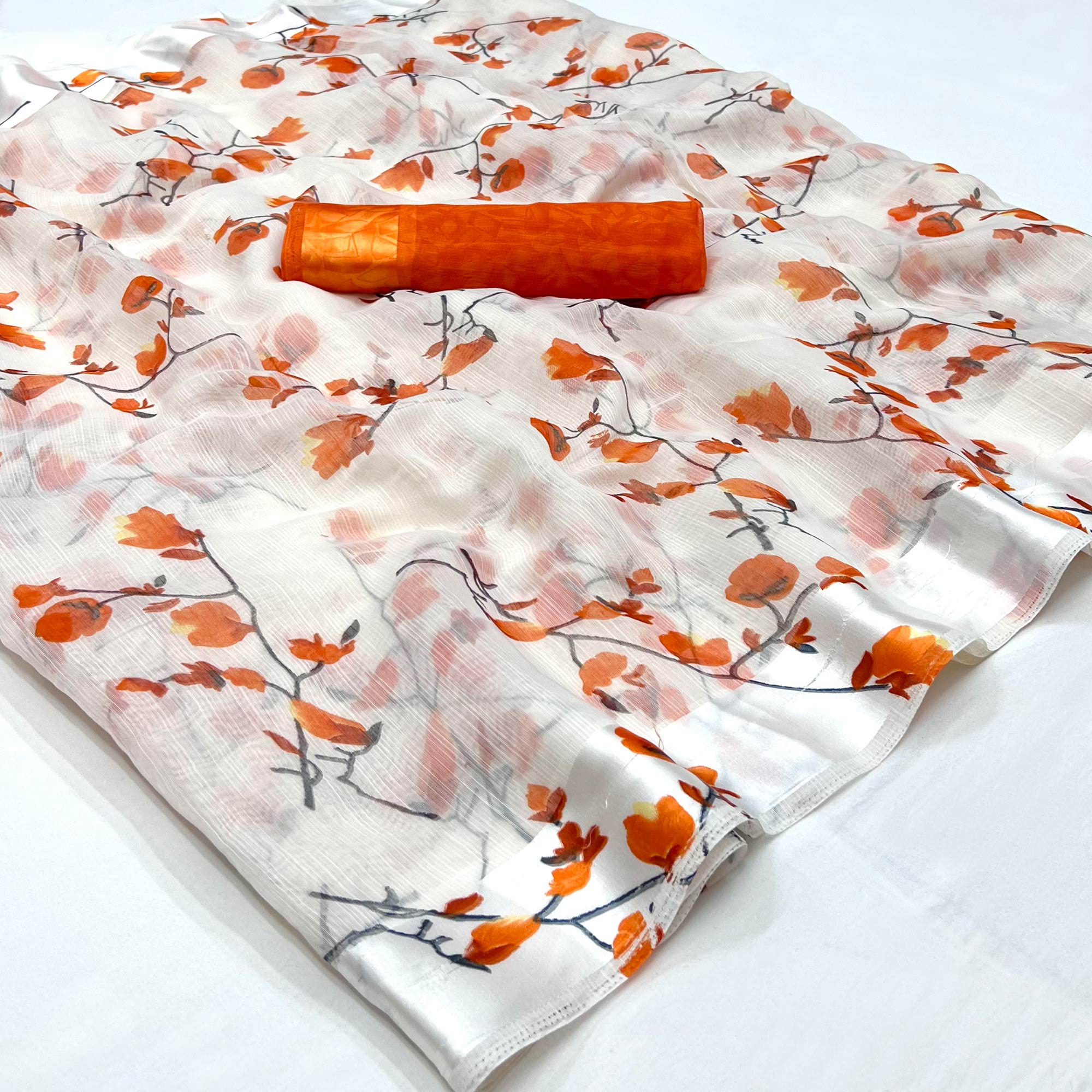 White Orange Floral Printed Linen Saree