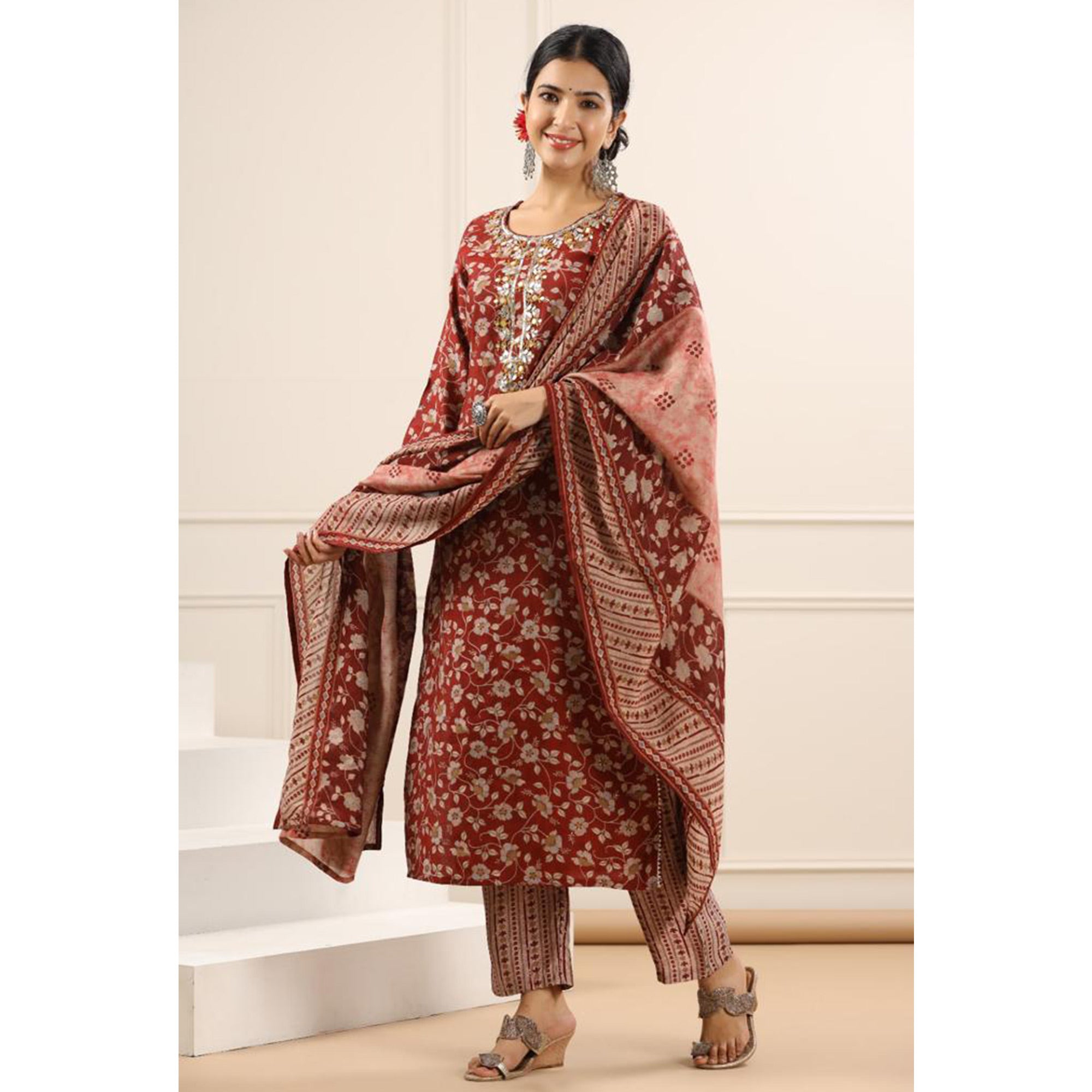 Maroon Jaipuri Printed Chanderi Salwar Suit