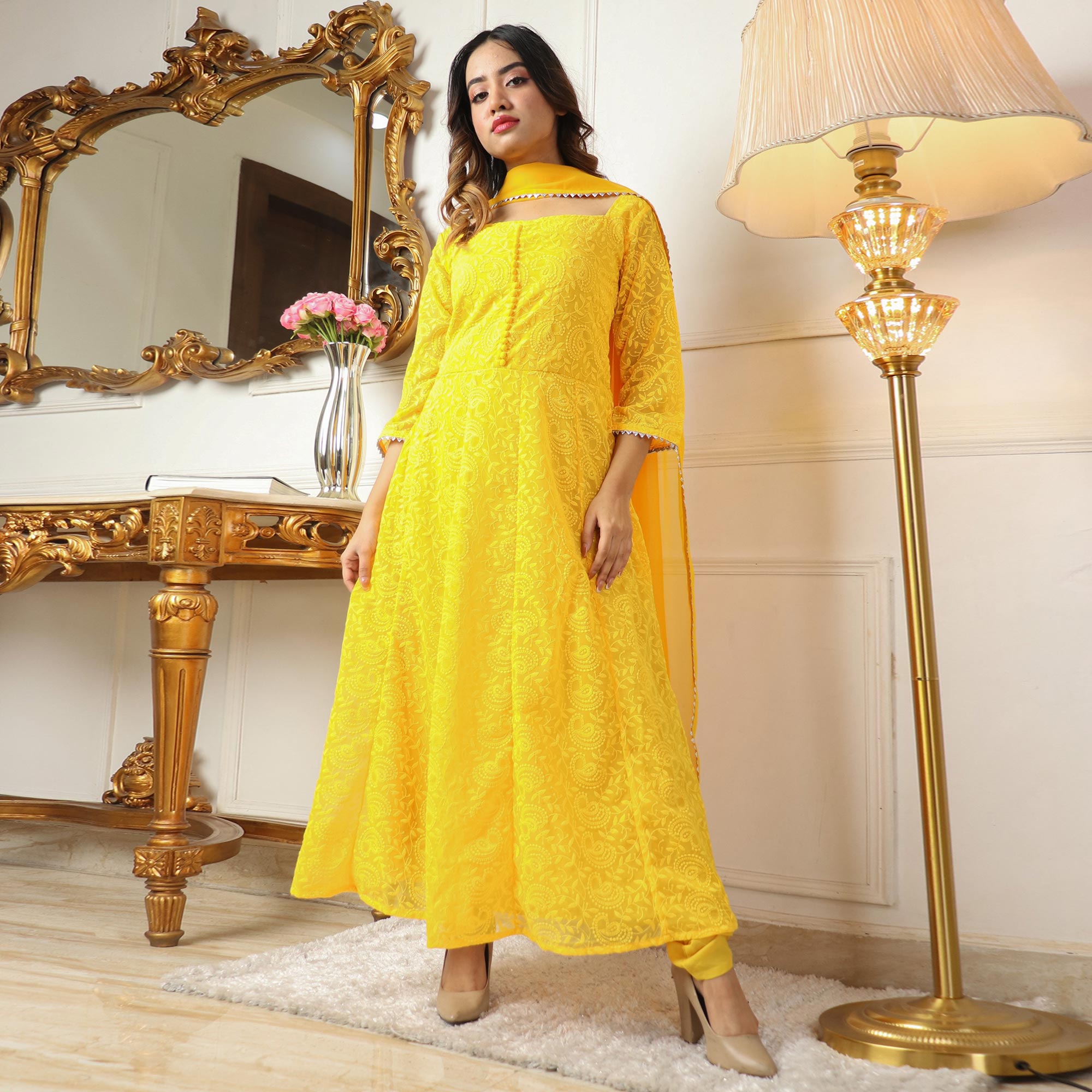 Yellow Chikankari Work Georgette Anarkali Suit