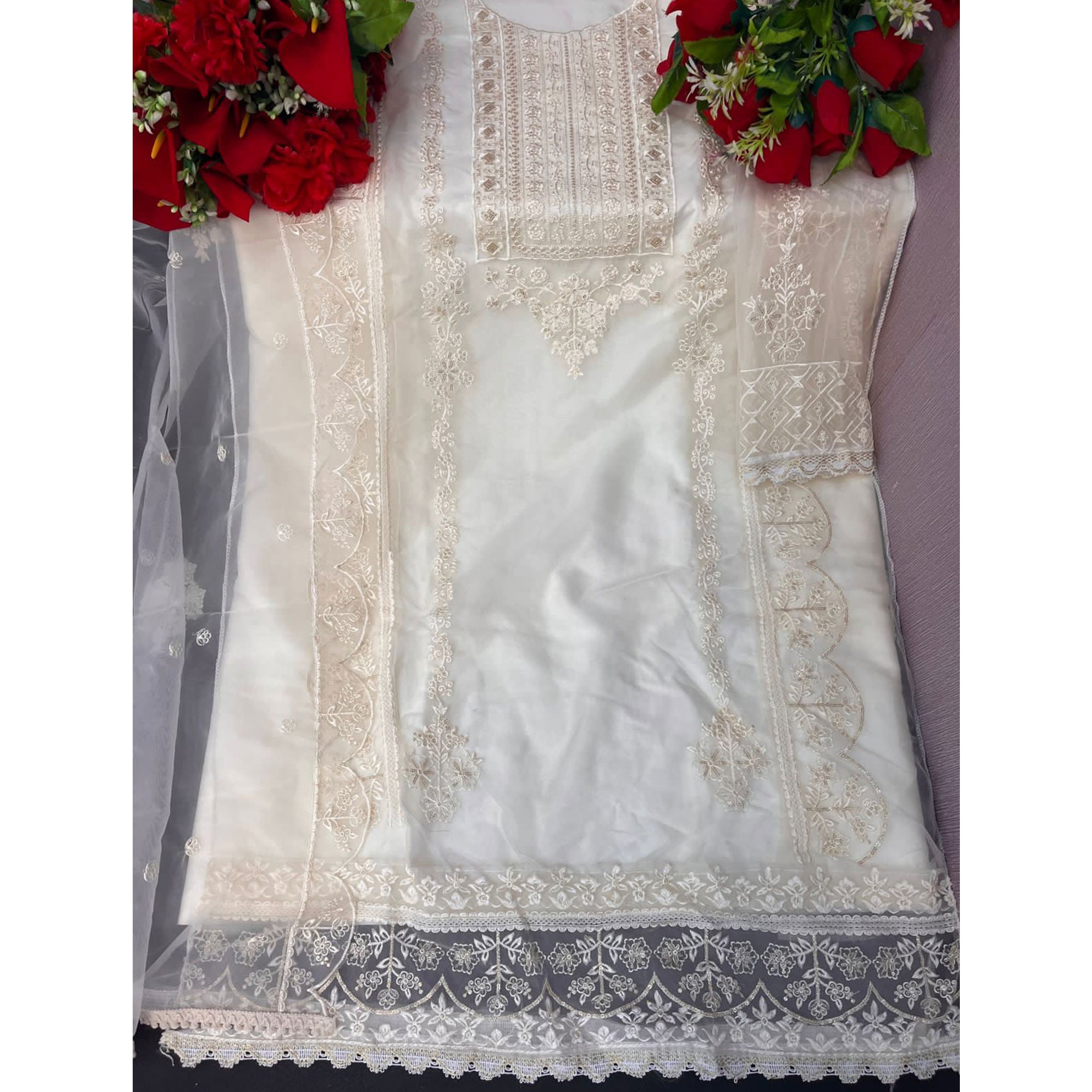 White Floral Embroidered Organza Pakistani Suit