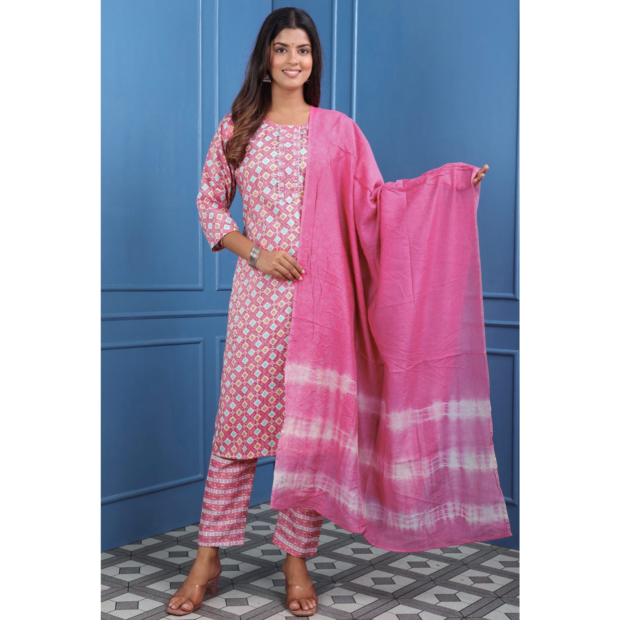 Pink Foil Printed Rayon Suit