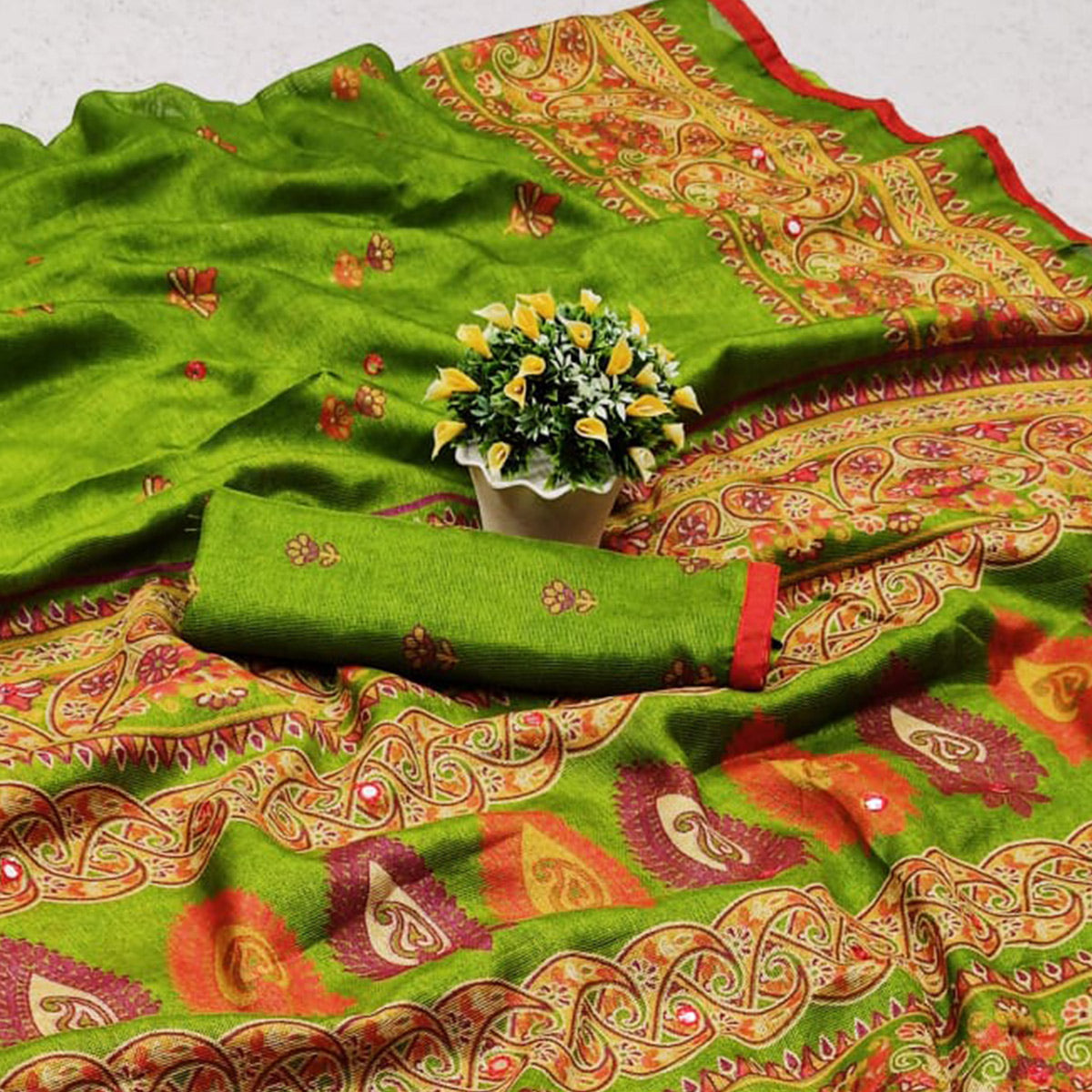 Green Printed Cotton Blend Saree With Tassels
