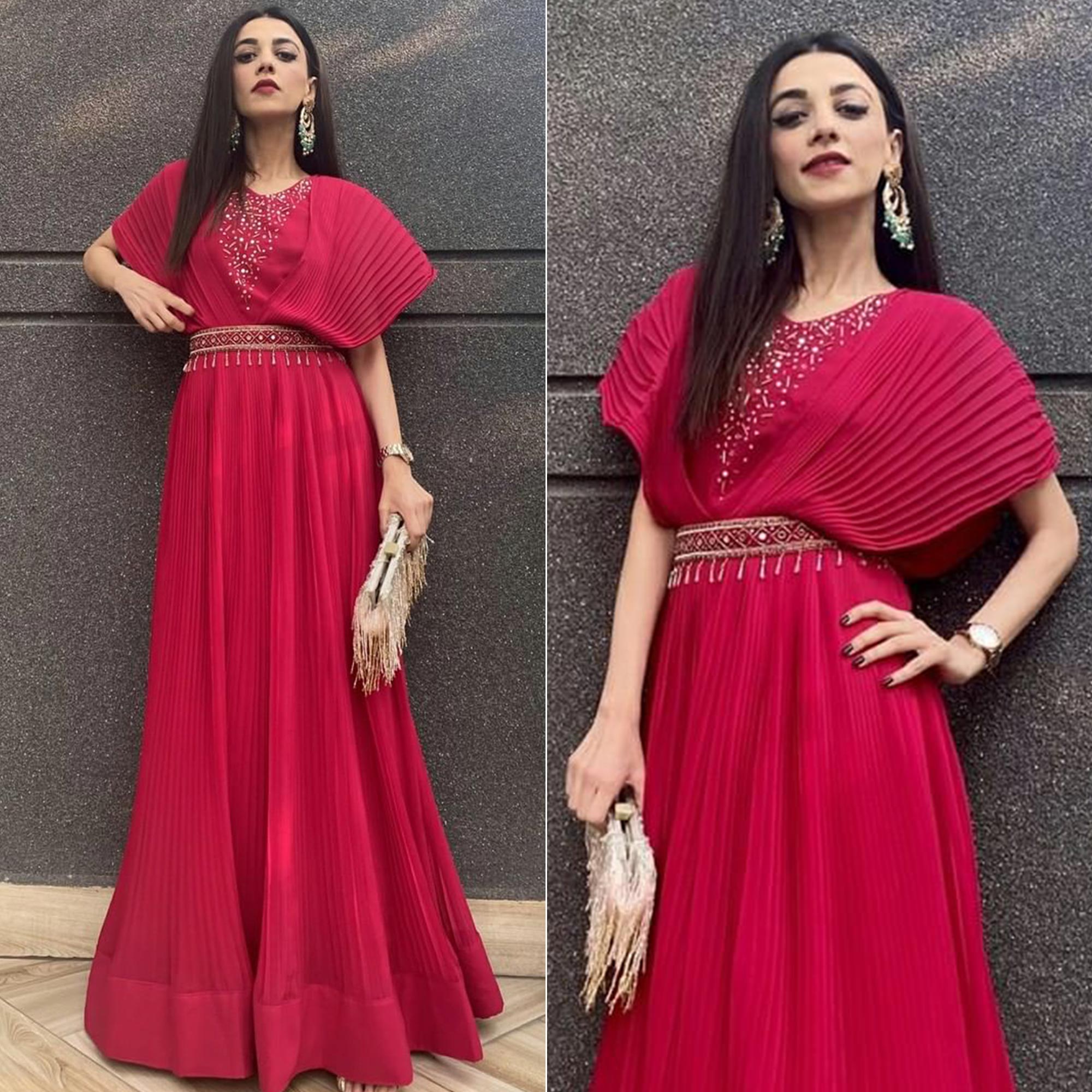 Pink Embellished Georgette Gown With Belt