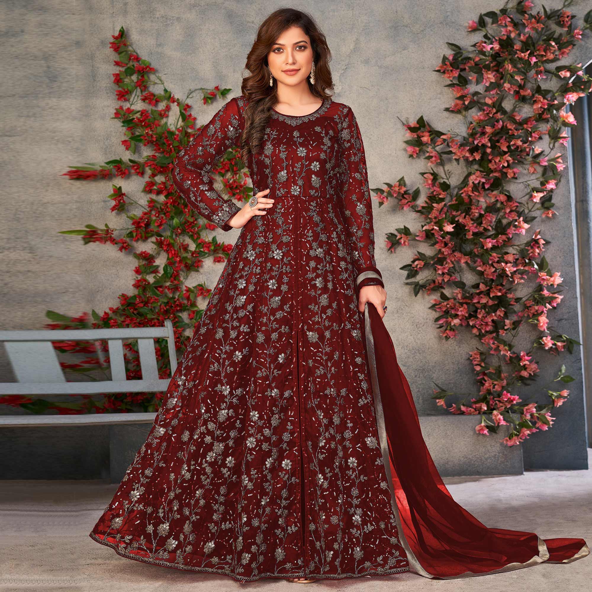 Maroon Zardosi Work Netted Gown