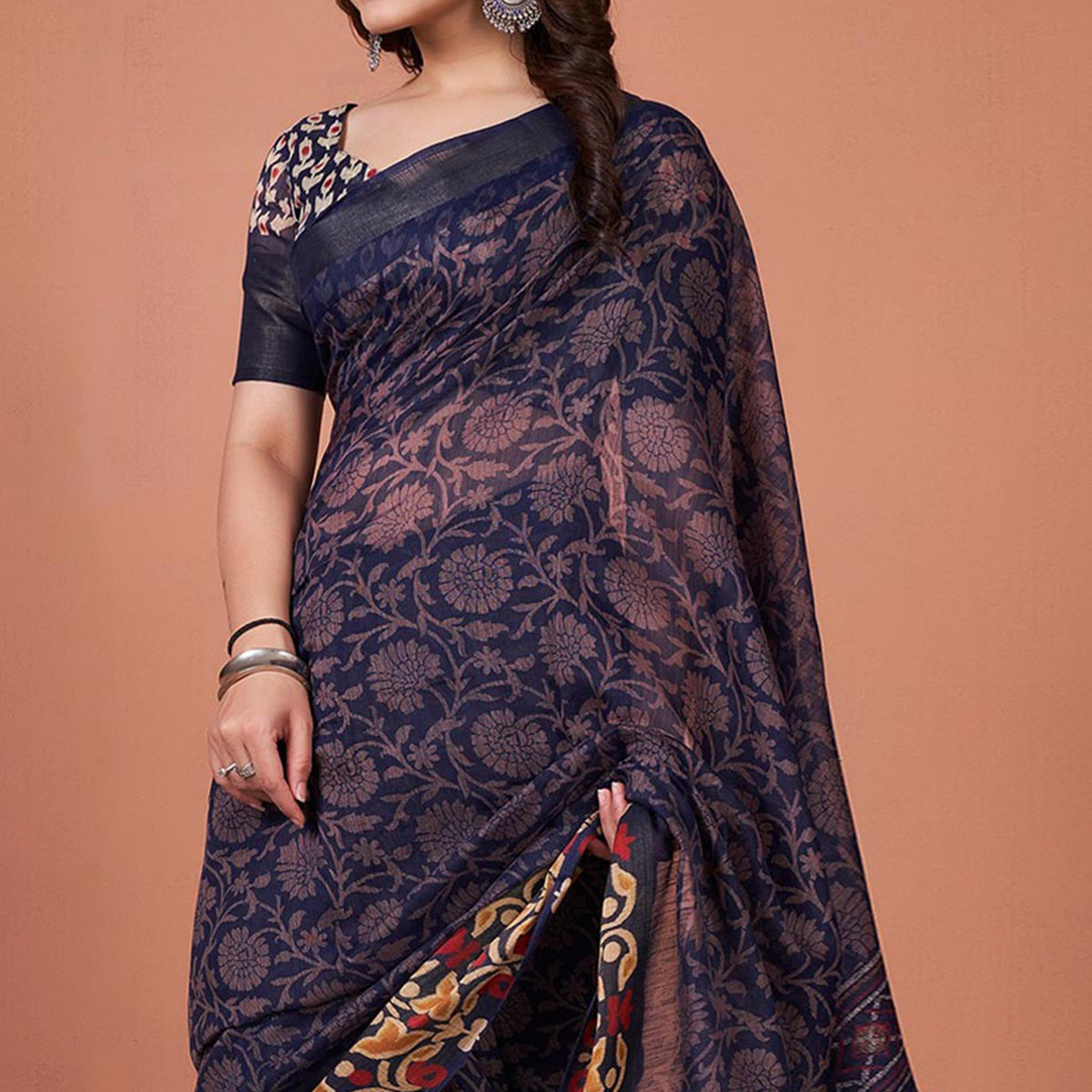Navy Blue Floral Printed Cotton Saree With Tassels