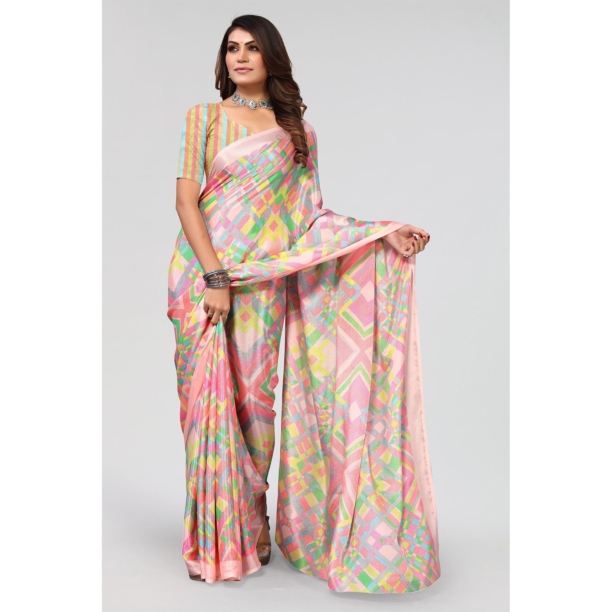 Pink Geometric Printed Chiffon Saree
