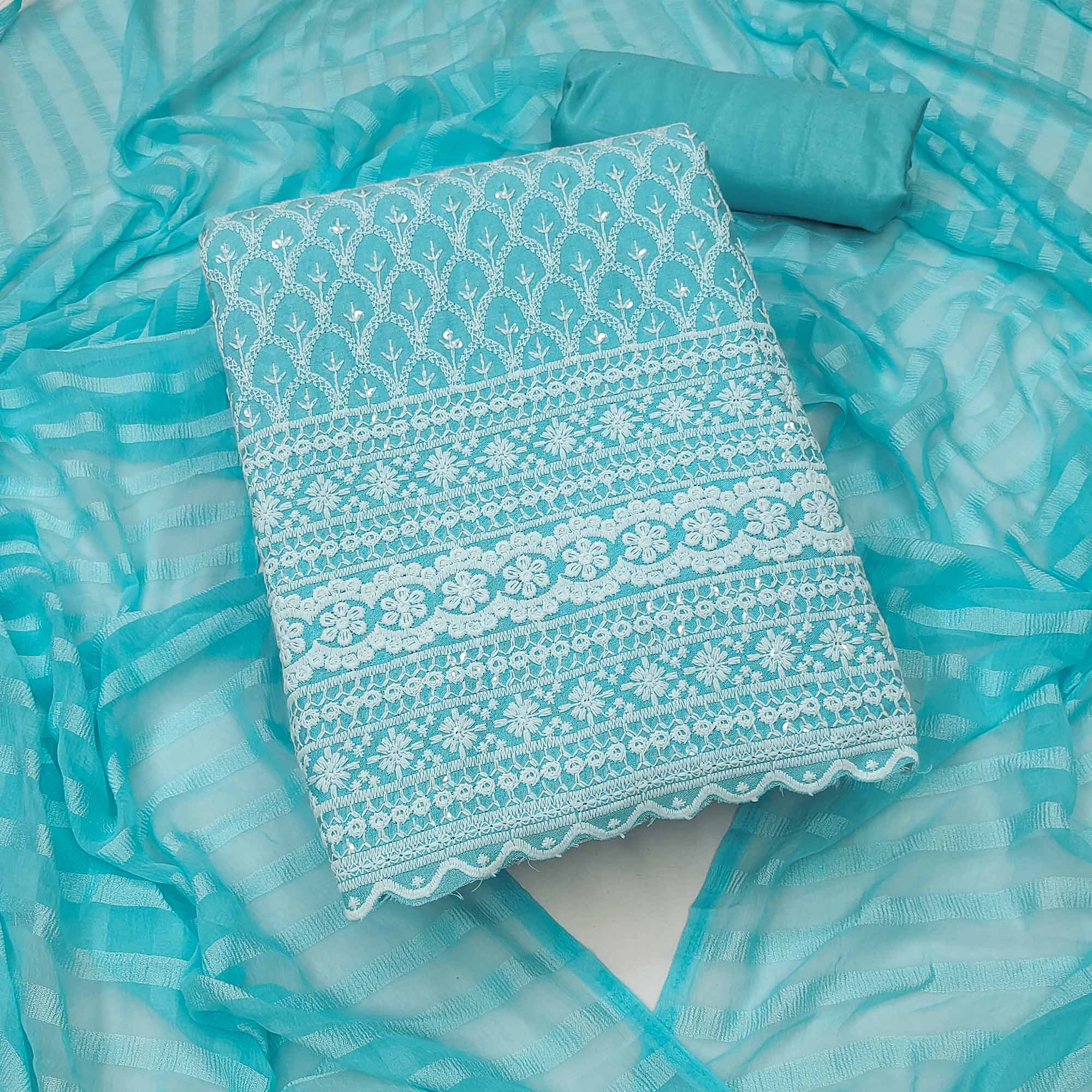 Blue Sequins Embroidered Cotton Blend Dress Material