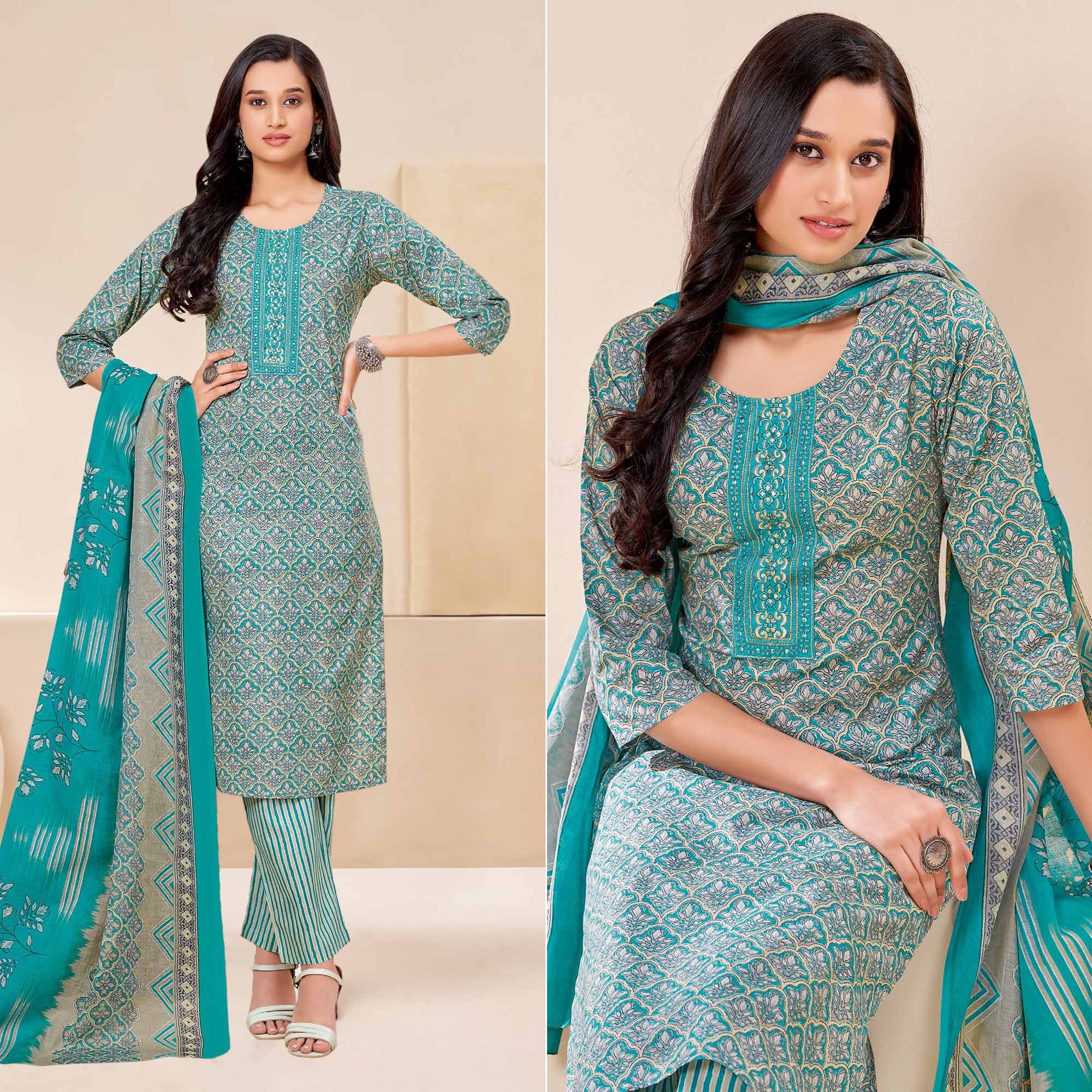 Rama Blue Printed With Tie Embroidered Pure Cotton Suit