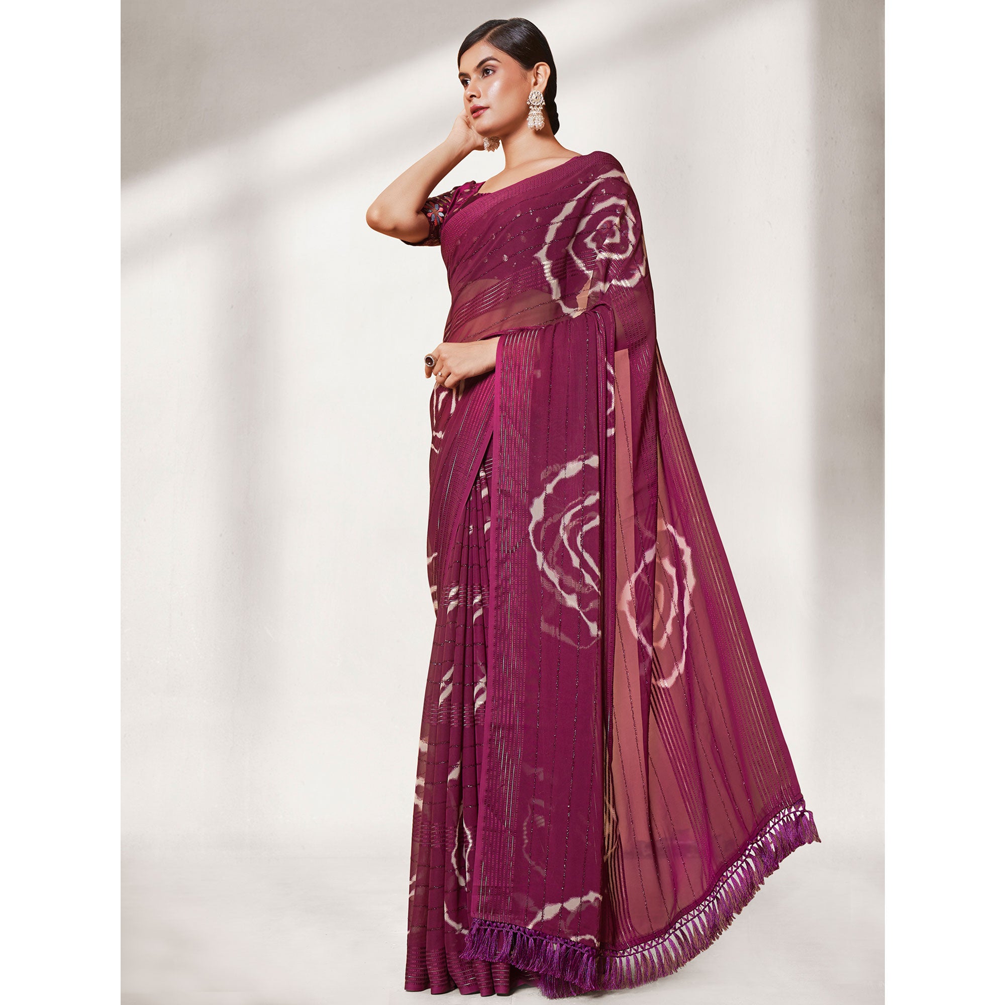Wine Printed Wiht Embroidered Georgette Saree
