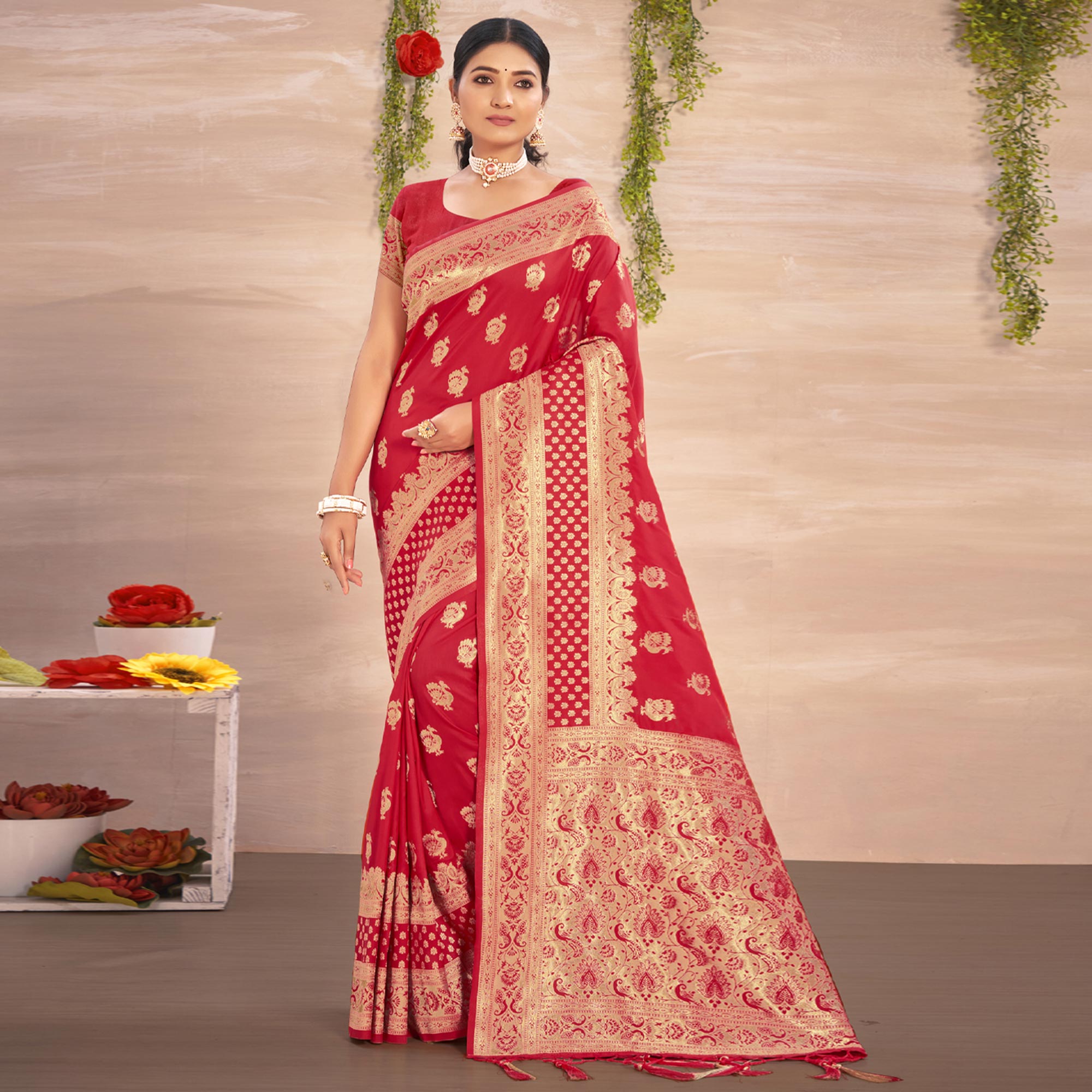 Red Woven Art Silk Saree