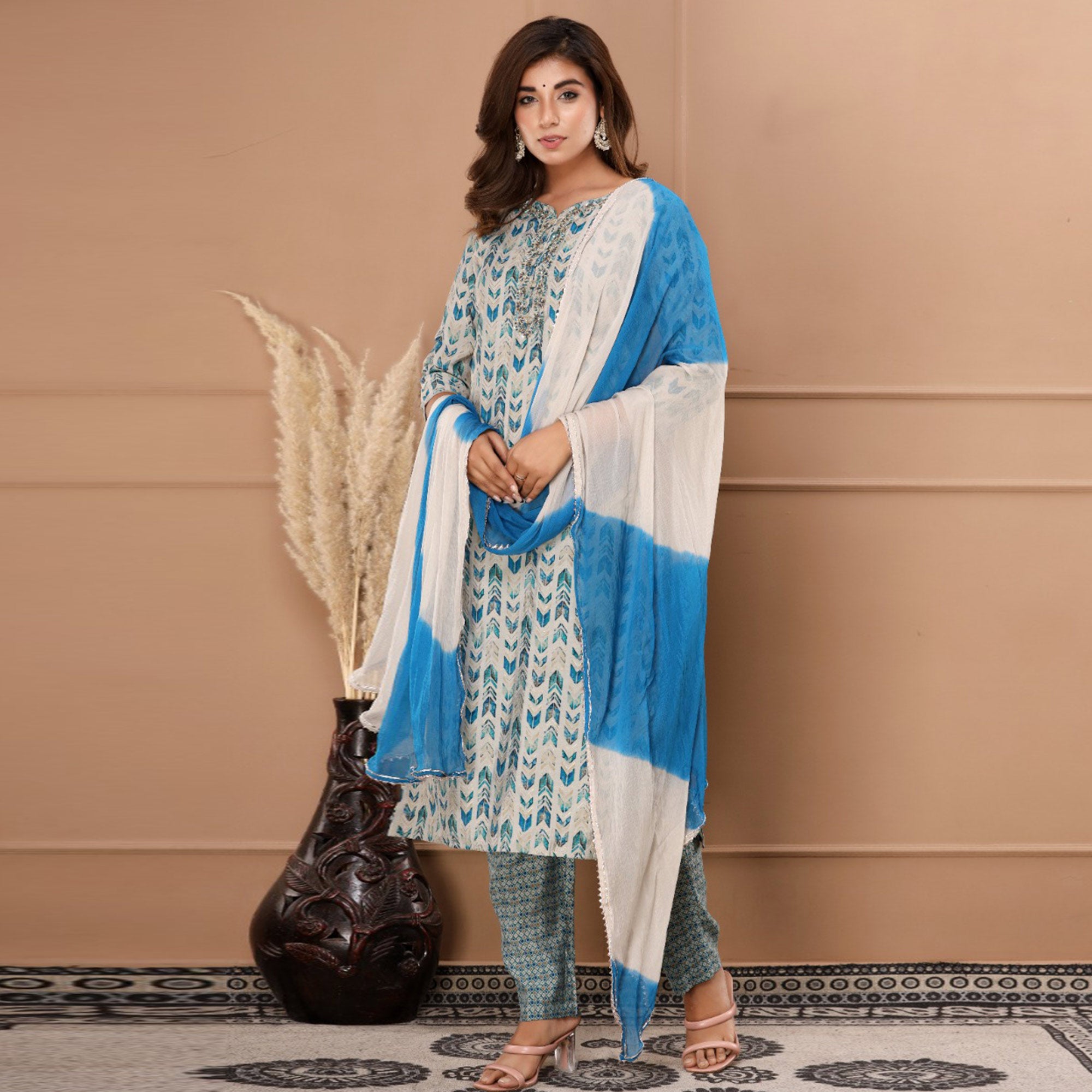 White-Blue Printed Muslin Salwar Suit