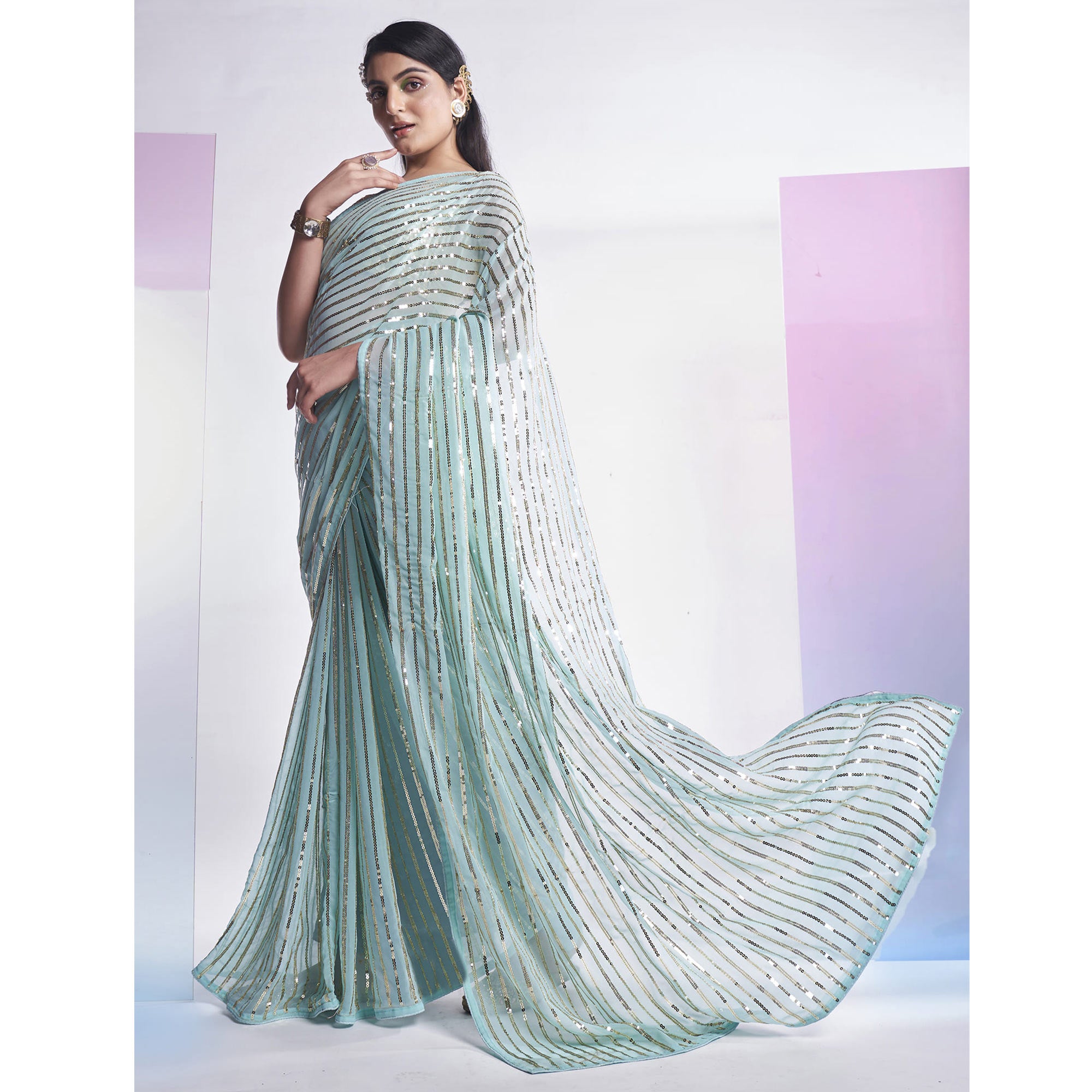 Turquoise Sequins Embroidered Georgette Saree