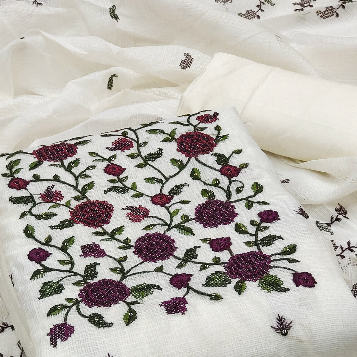 White Floral Sequins Embroidered Kota Doria Dress Material