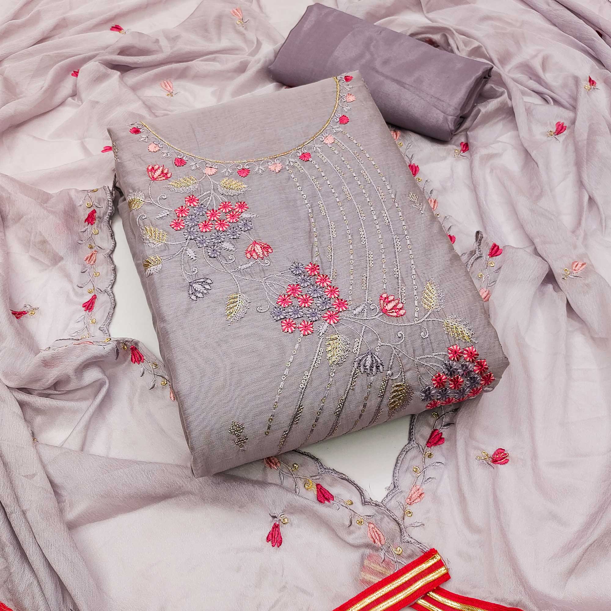 Light Purple Floral Embroidered Modal Dress Material