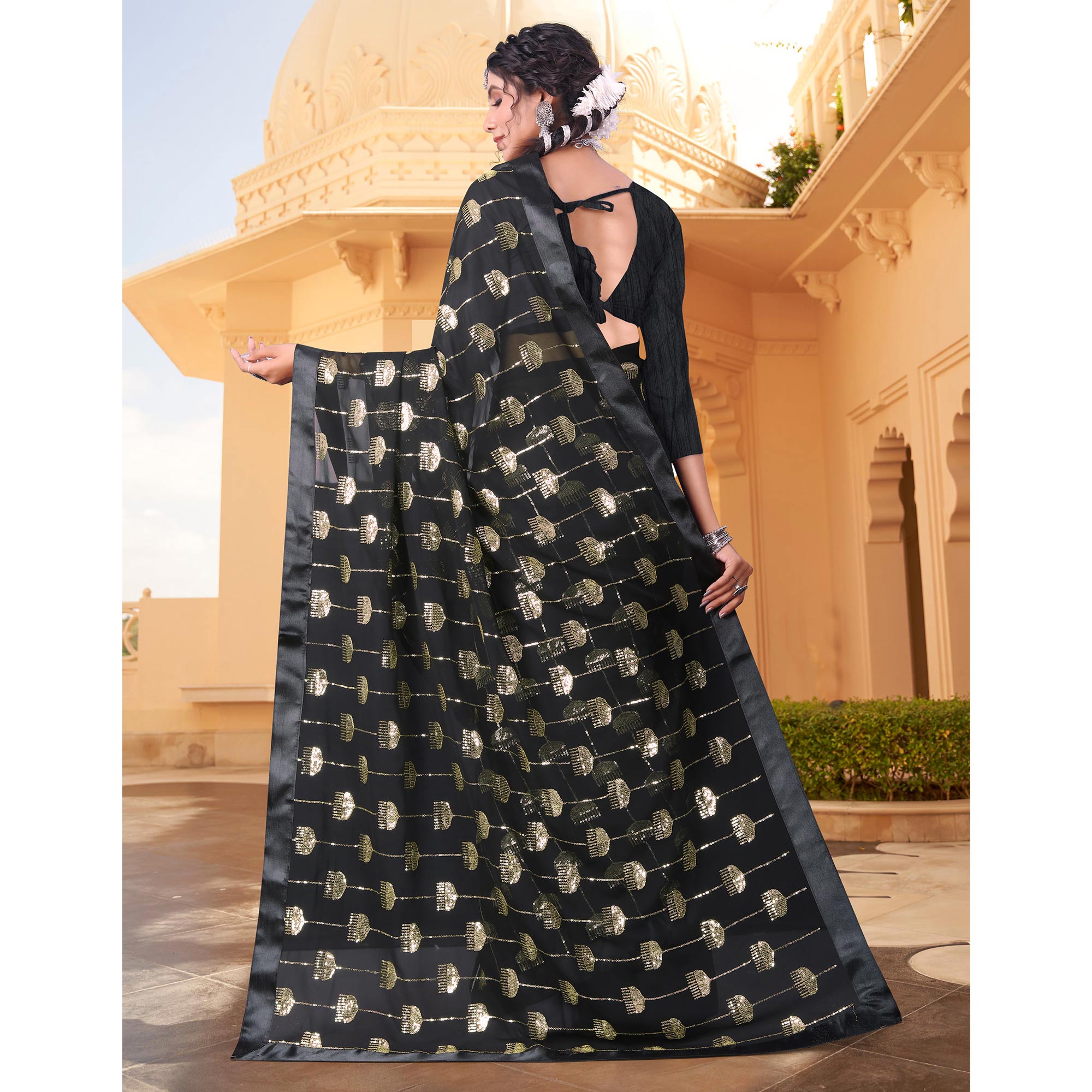 Black Sequins Embroidered Georgette Saree