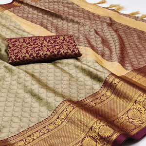 Chikoo Woven Cotton Silk Saree