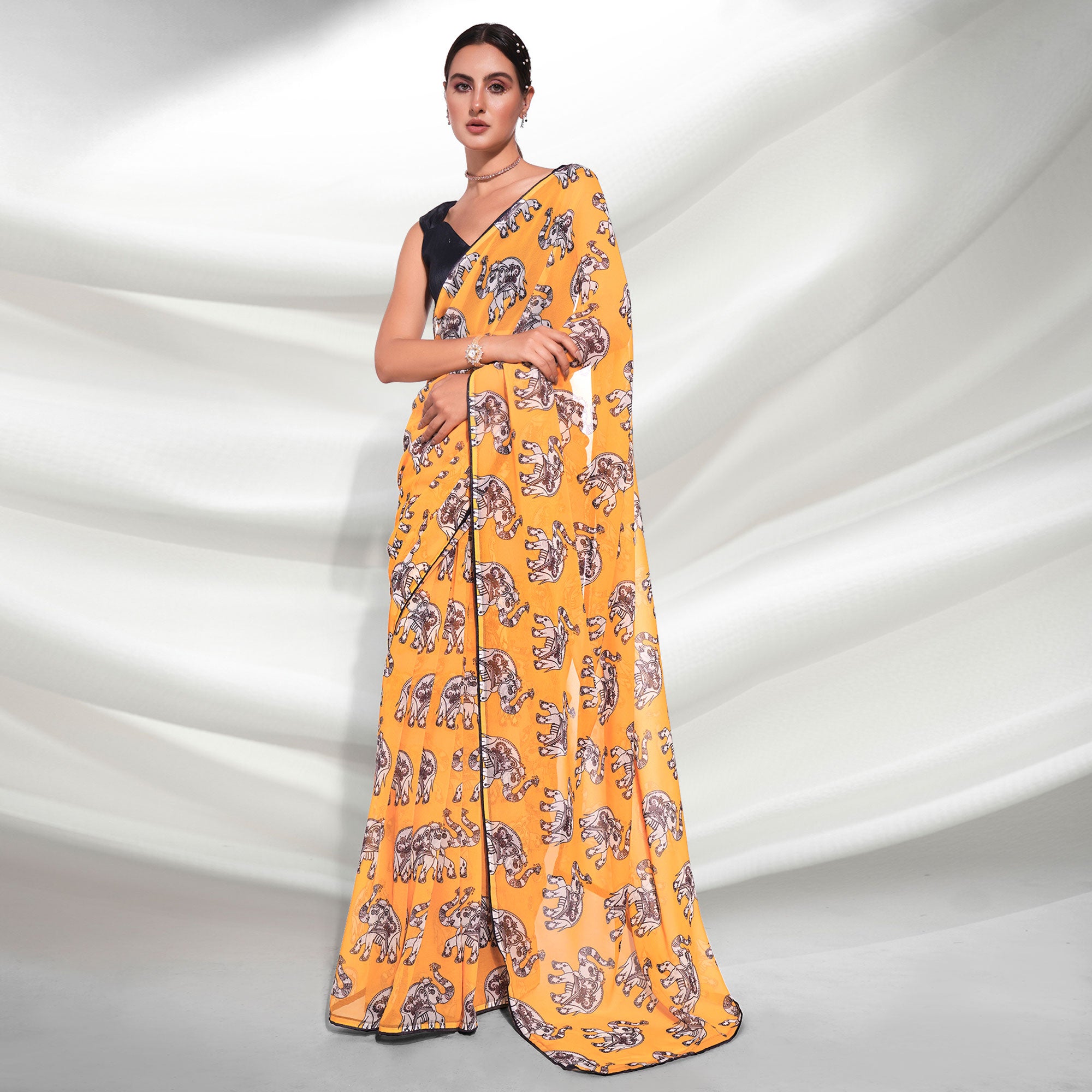 Yellow Printed Georgette Saree