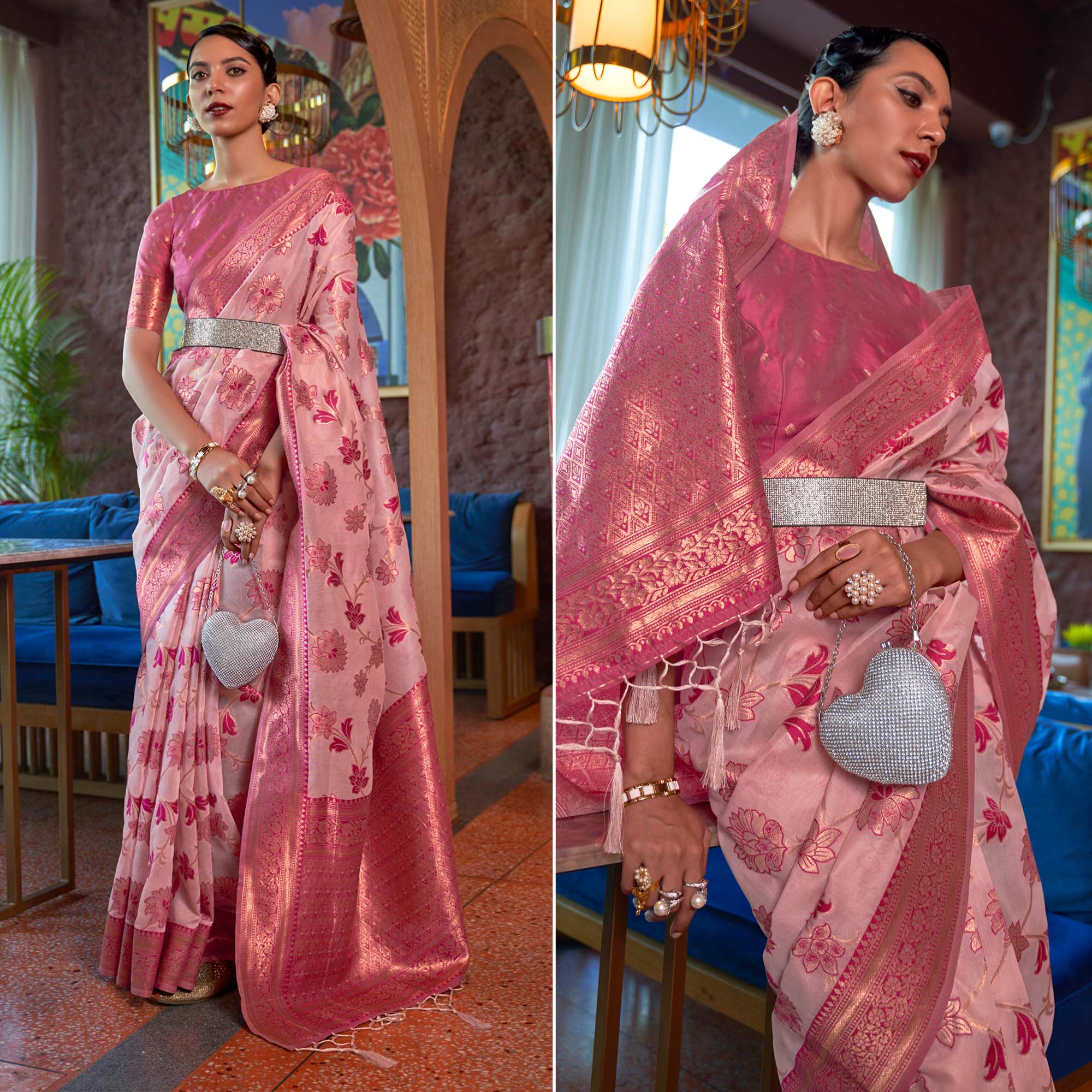 Pink Woven Organza Saree With Tassels