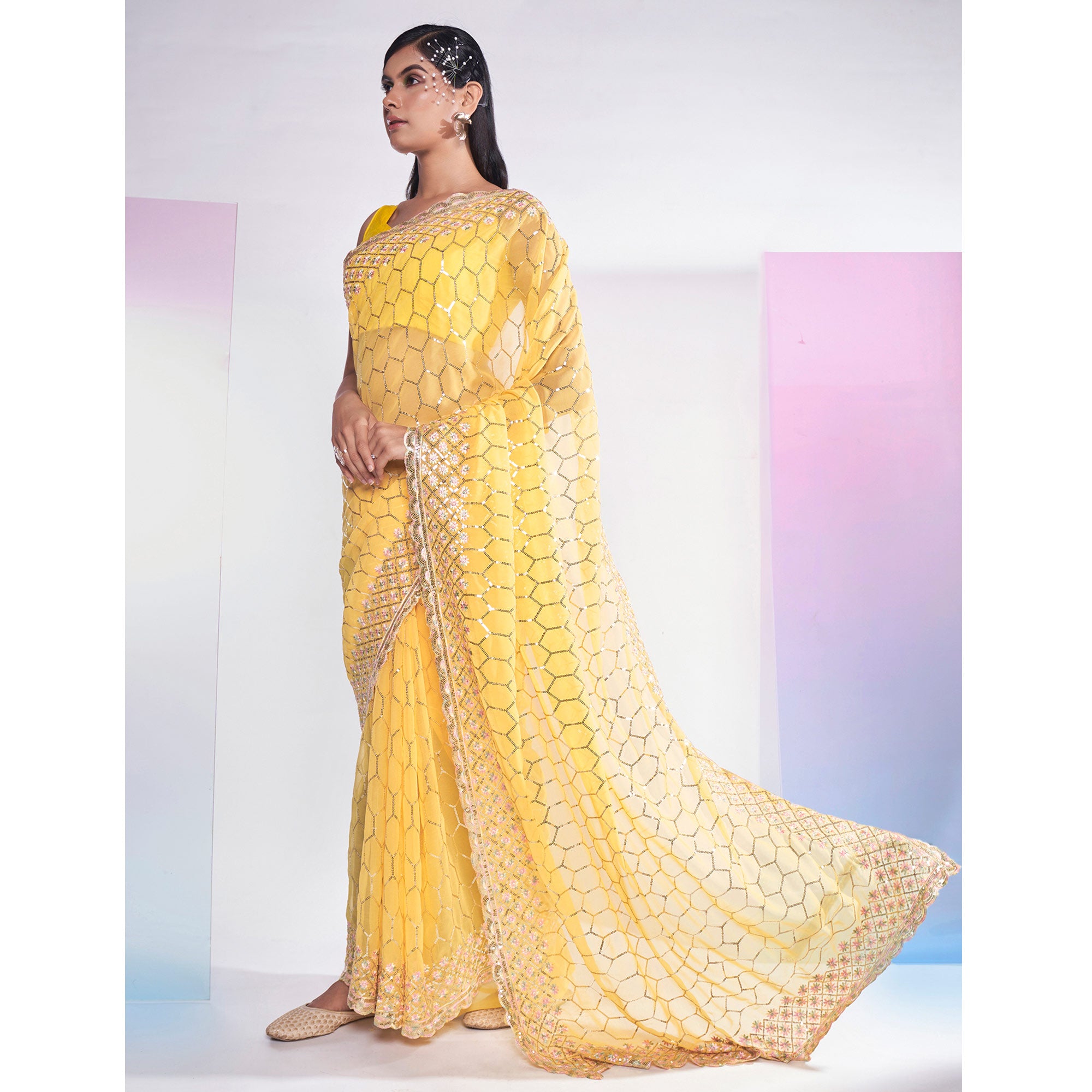 Yellow Sequins Embroidered Georgette Saree