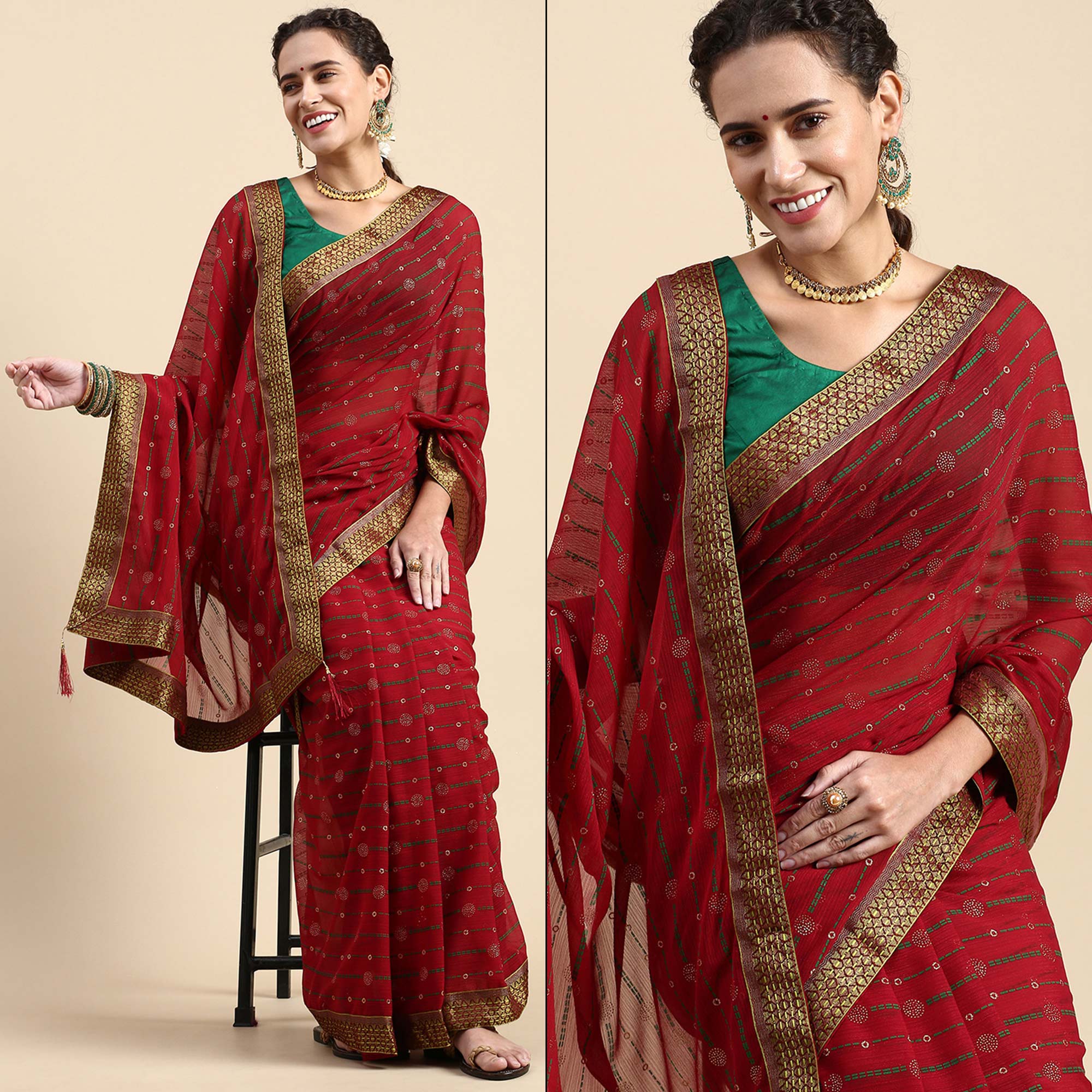 Maroon Foil Printed Zomato Saree