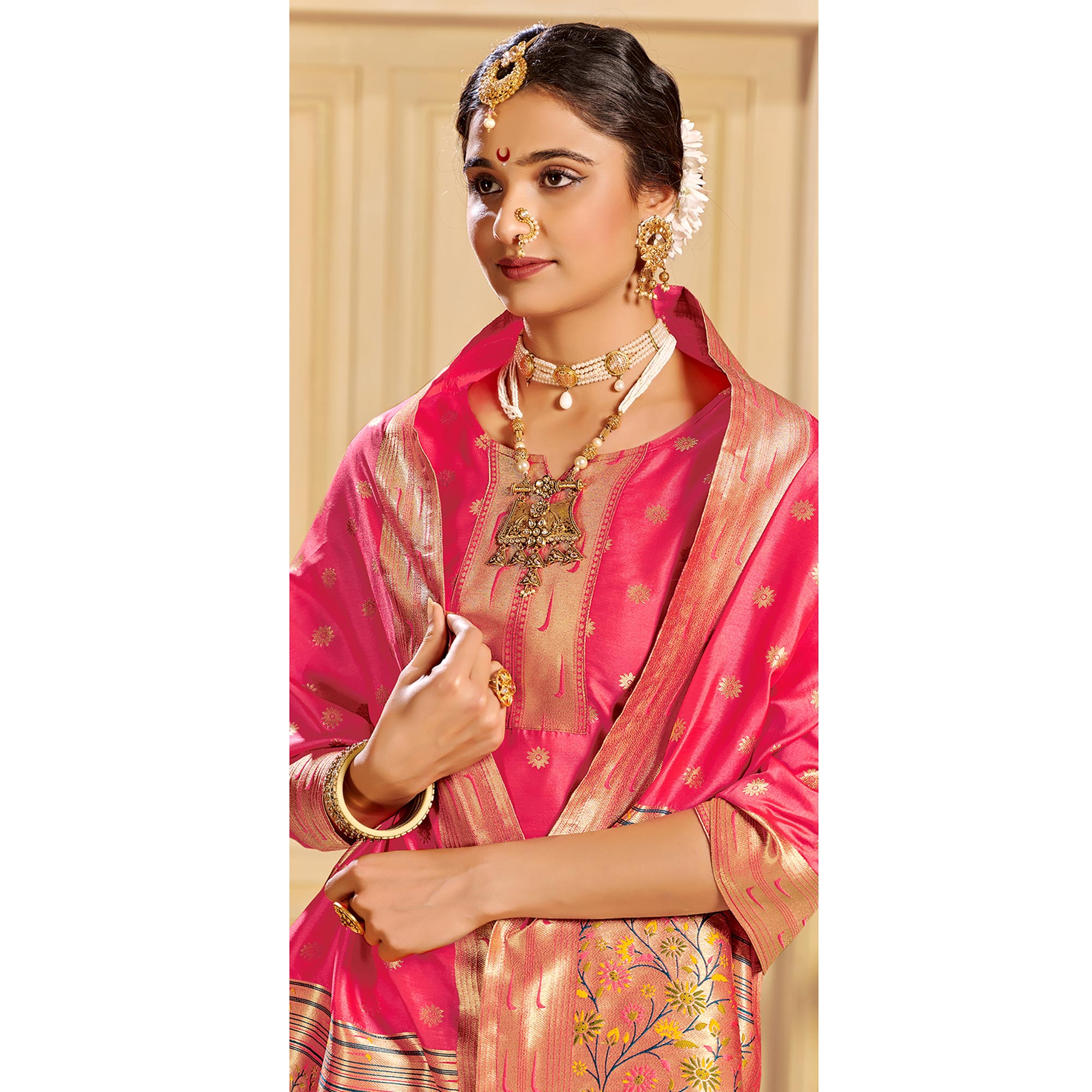 Pink Floral Woven Tapetta Silk Salwar Suit