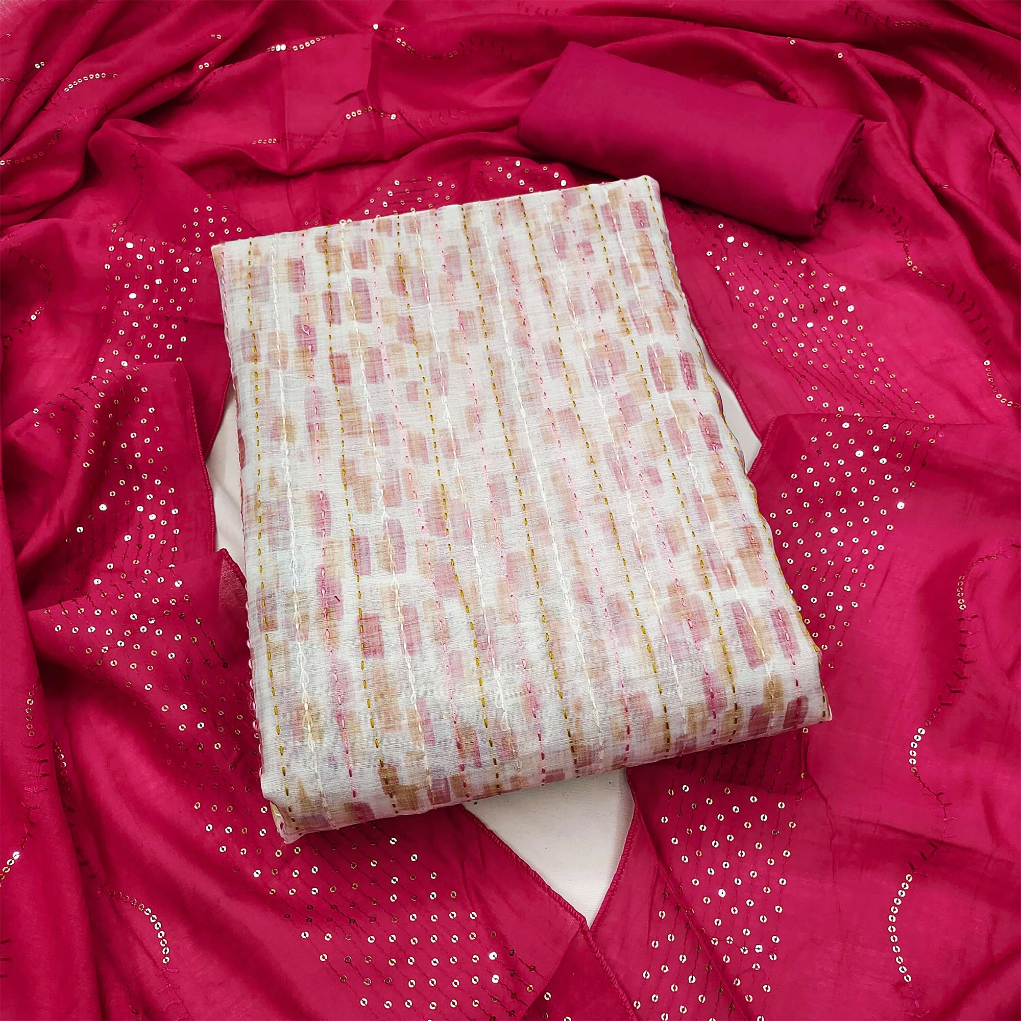Off White Digital Printed With Embroidered Chanderi Dress Material