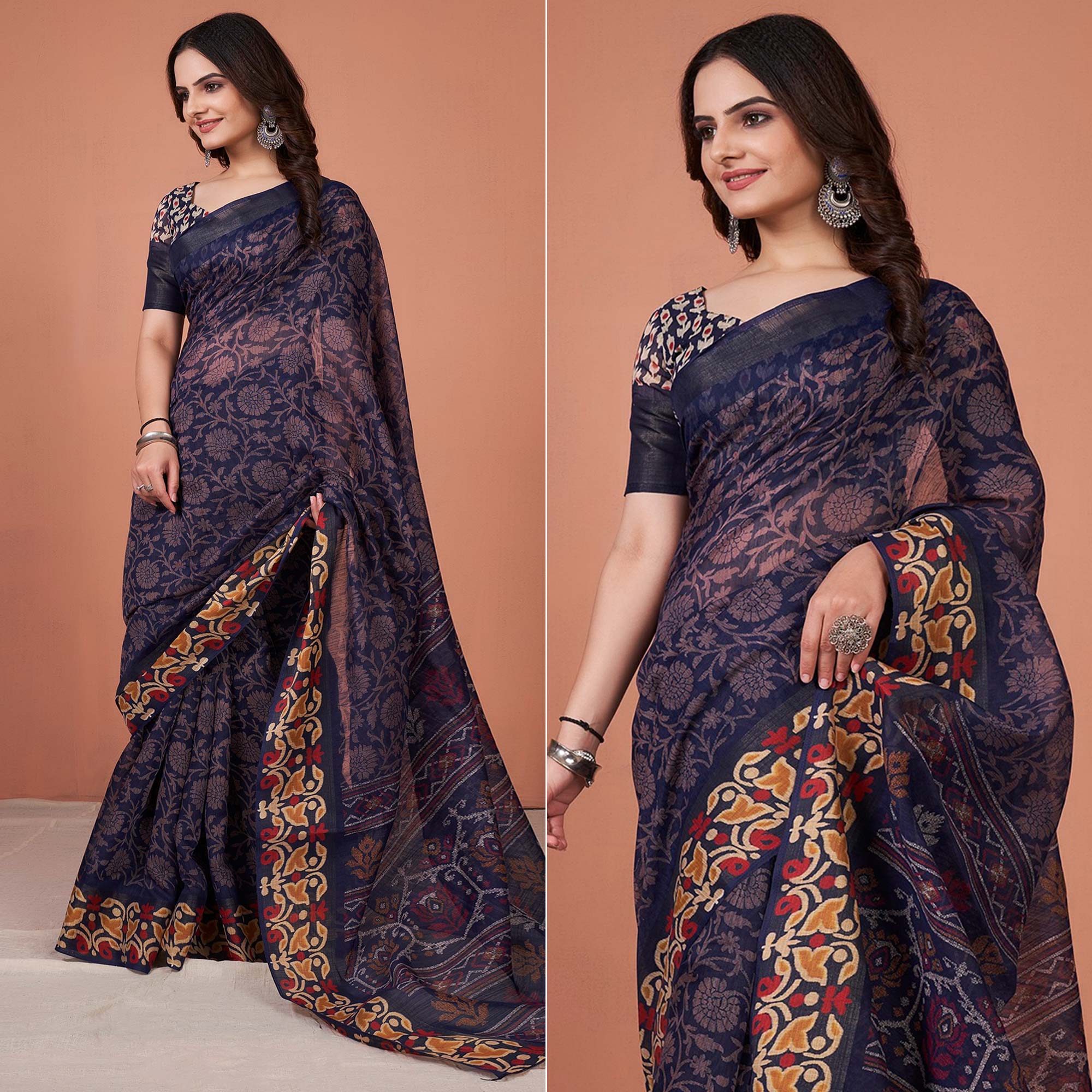 Navy Blue Floral Printed Cotton Saree With Tassels