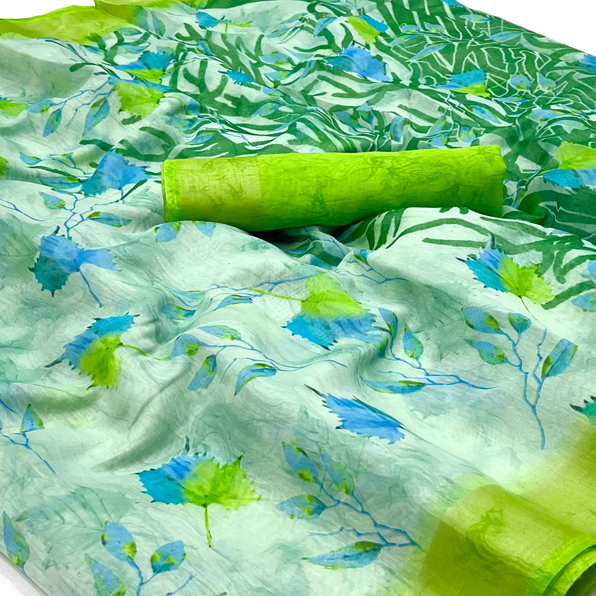 Green Floral Printed Linen Saree