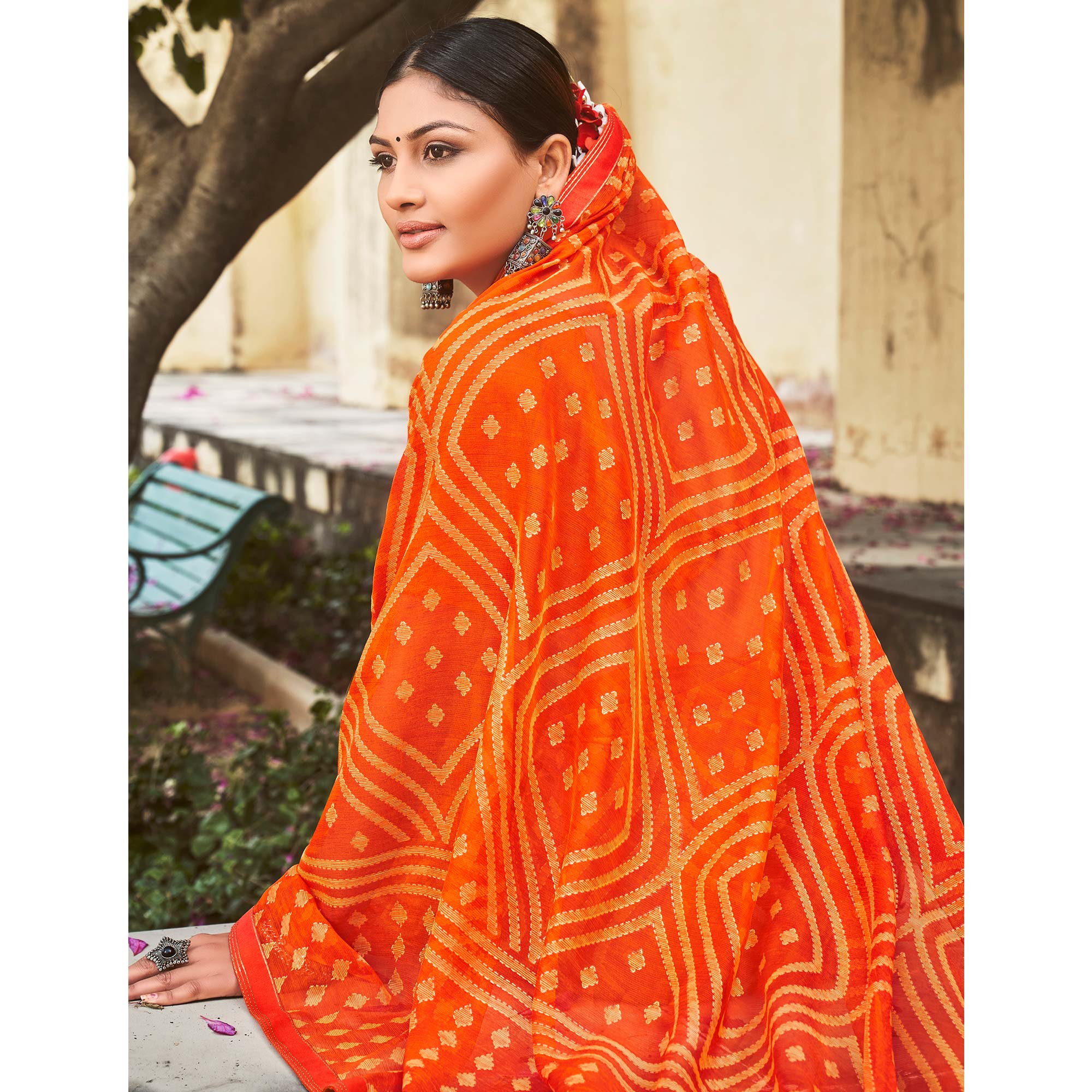 Orange Printed Chiffon Saree