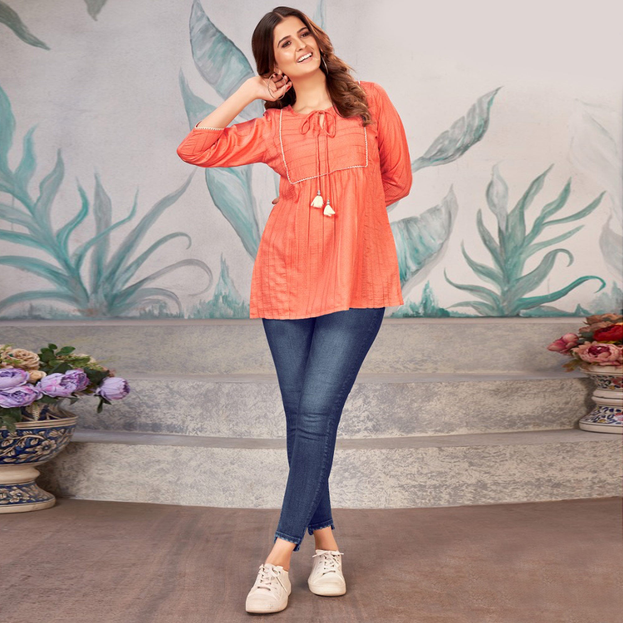 Orange Embroidered Cotton Silk Top