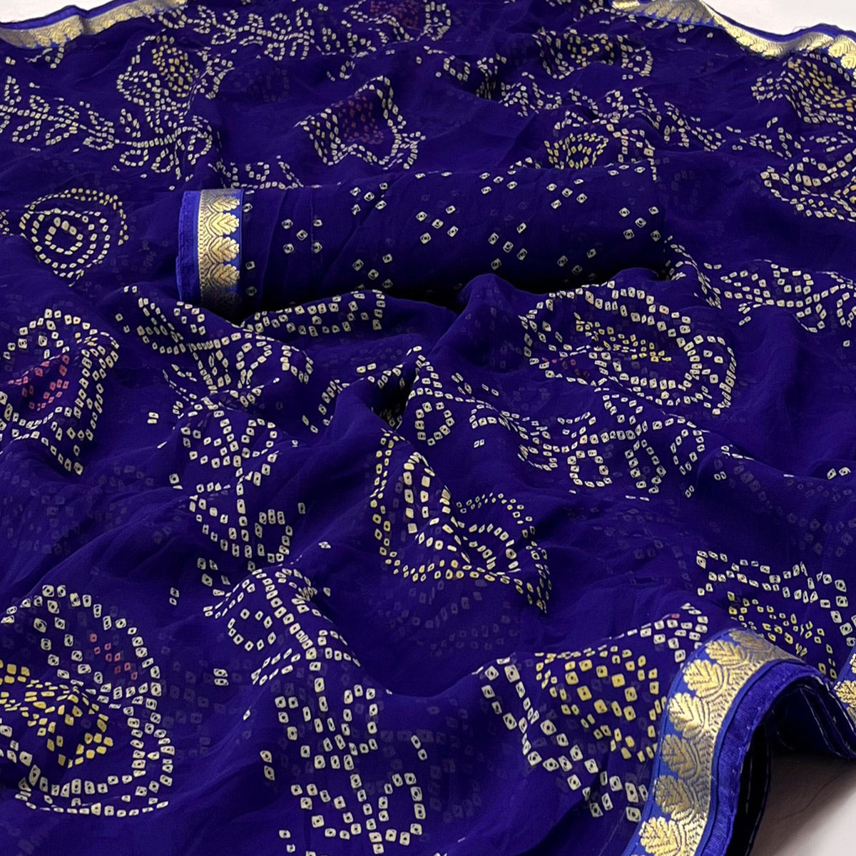 Royal Blue Bandhani Printed Georgette Saree With Designer Border