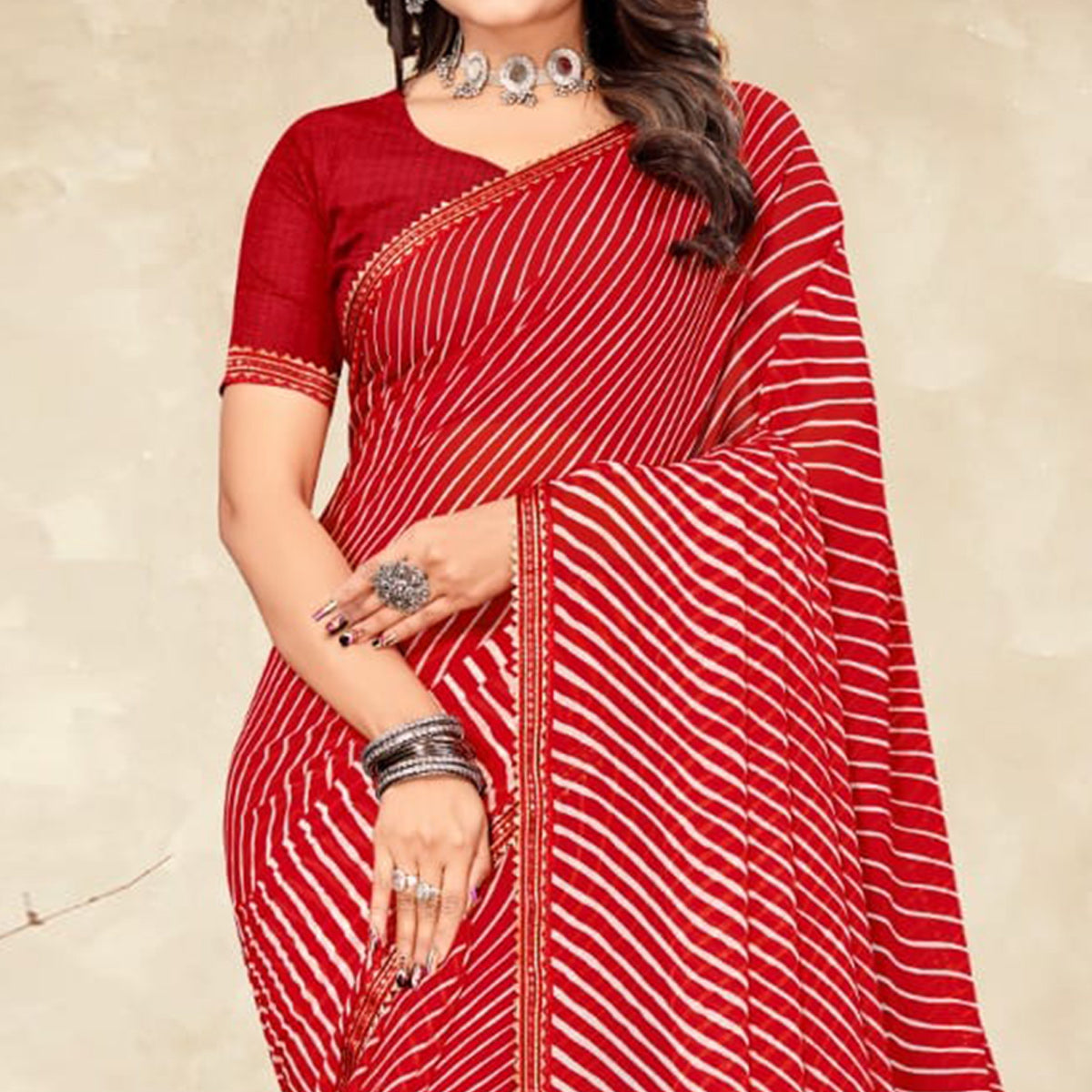 Dark Red Striped Printed Chiffon Saree