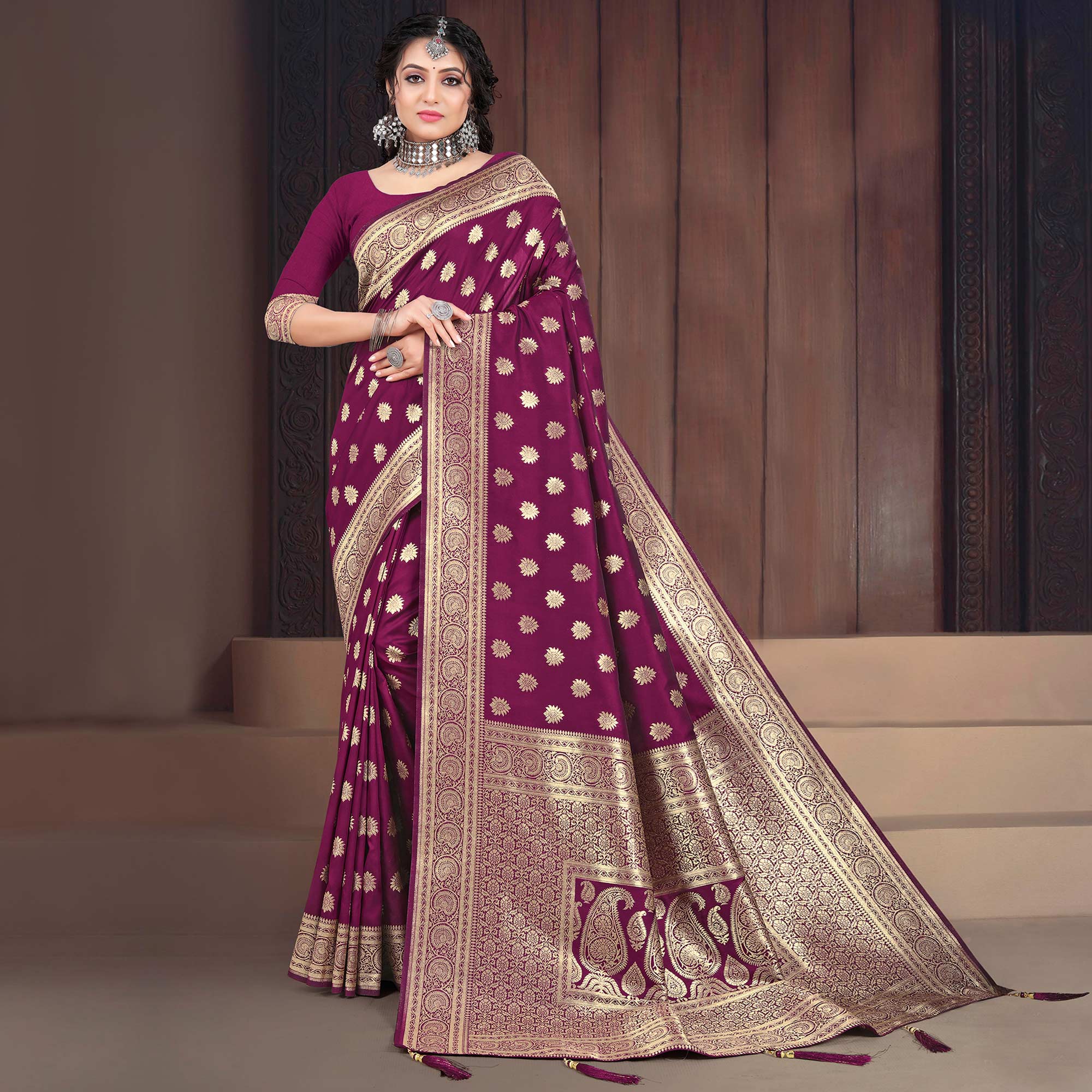 Wine Woven Banarasi Silk Saree