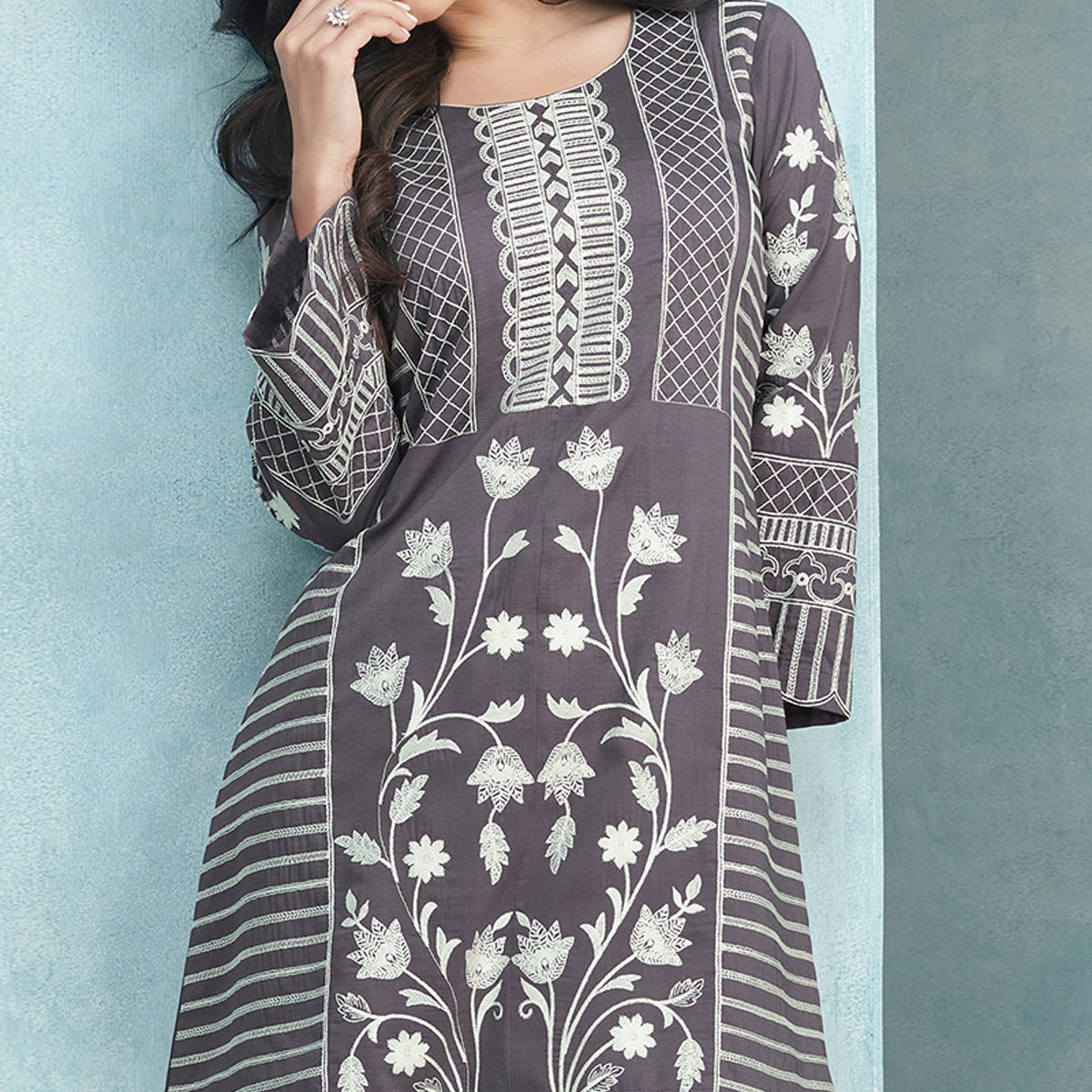 Grey Floral Embroidered Rayon Kurti Co Ord Set
