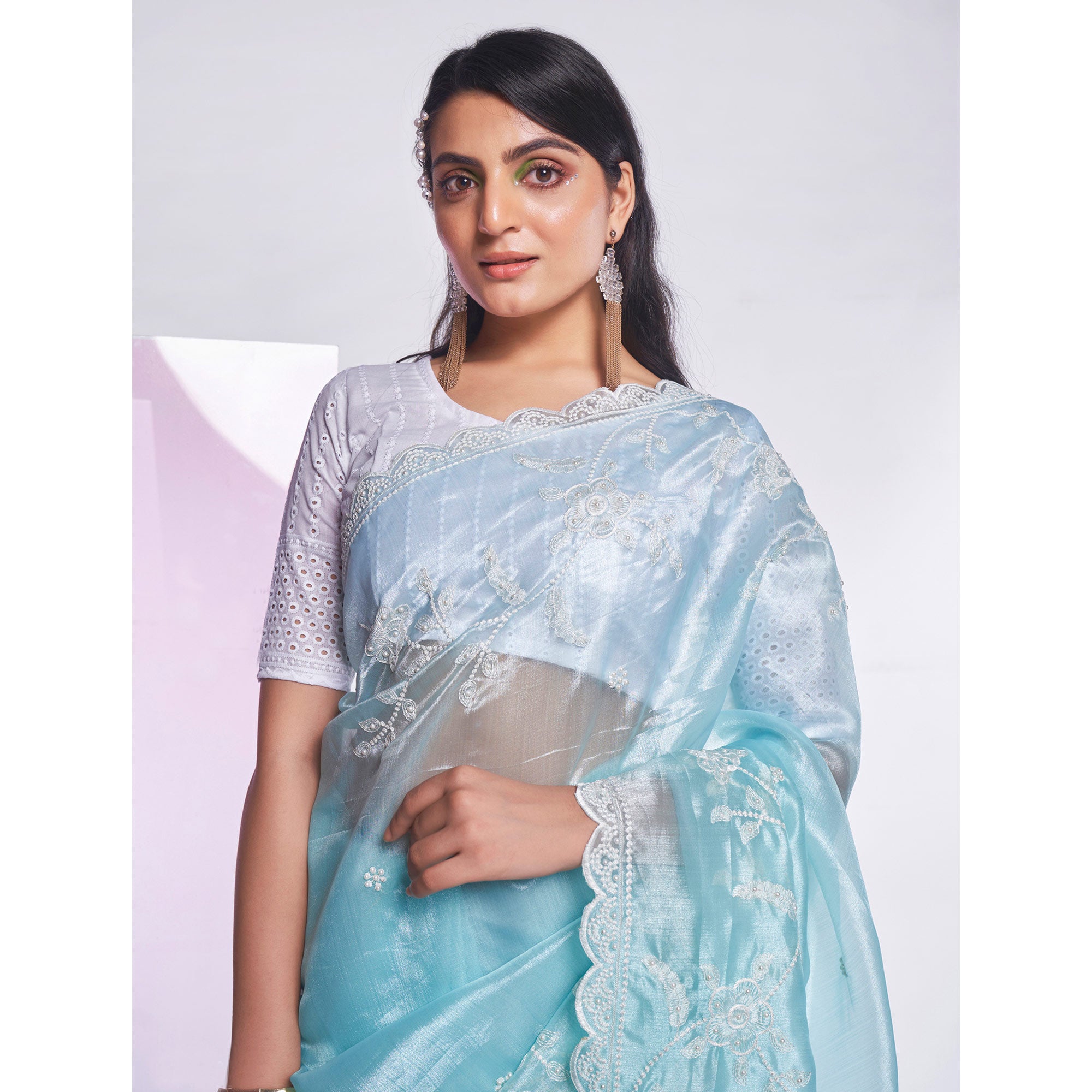 Blue Floral Embroidered Organza Saree