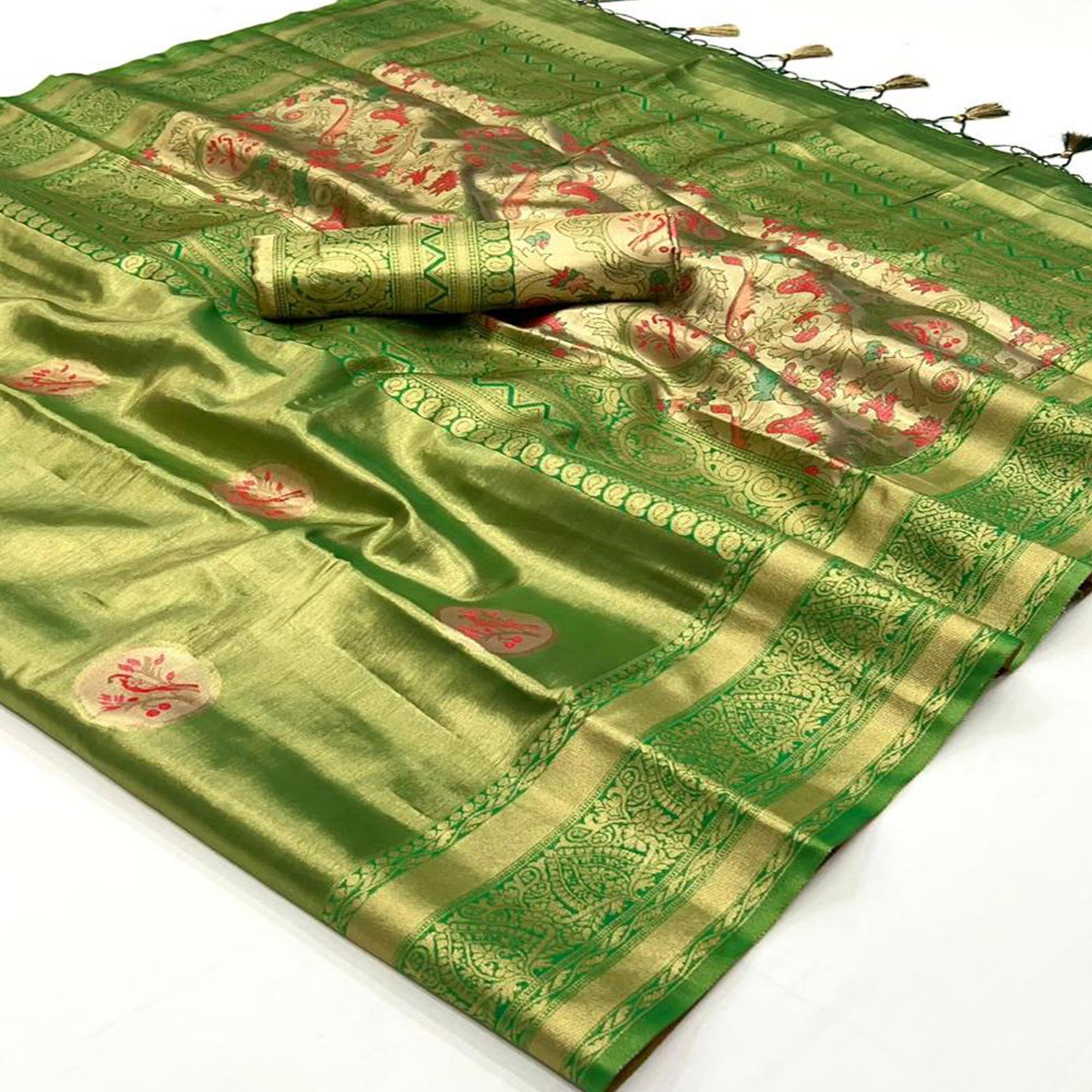 Green Woven Art Silk Saree With Tassels