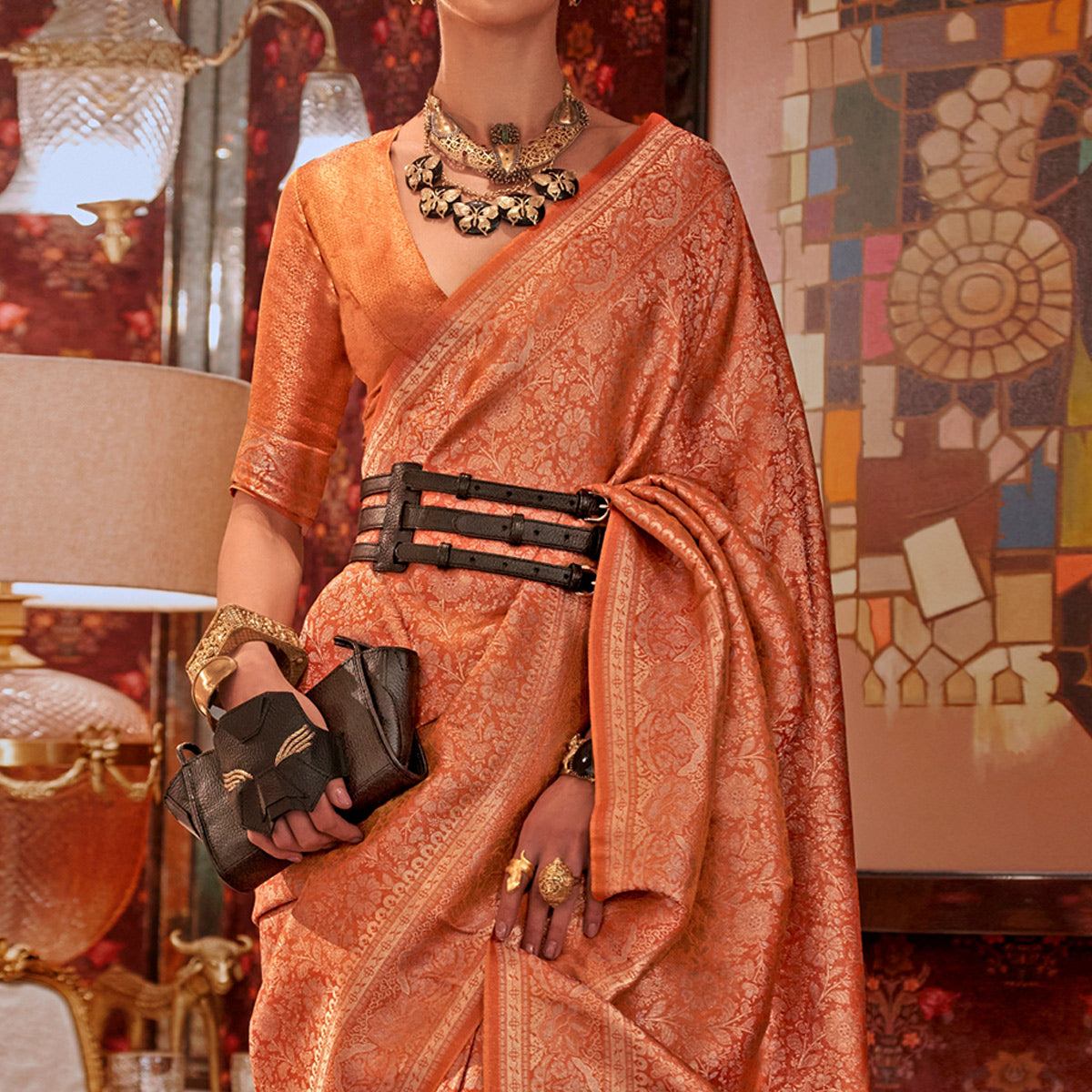 Peach Floral Woven Art Silk Saree