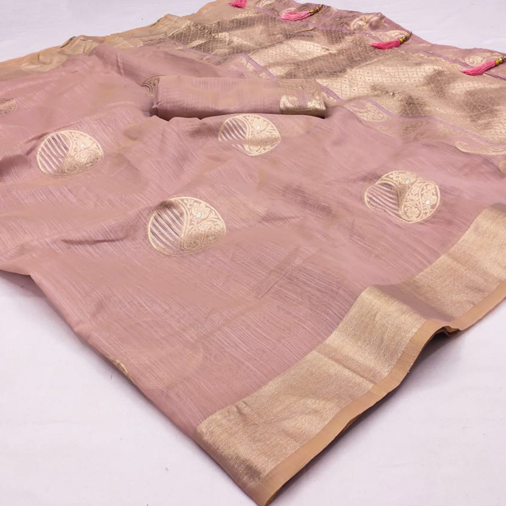 Mauve Woven Art Silk Saree With Tassels