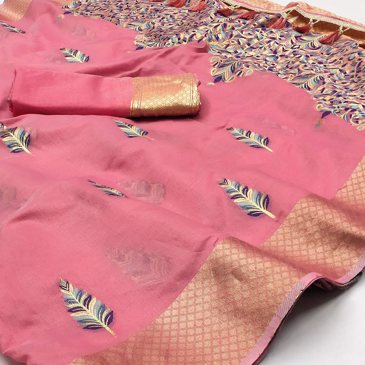 Pink Woven Art Silk Saree With Tassels