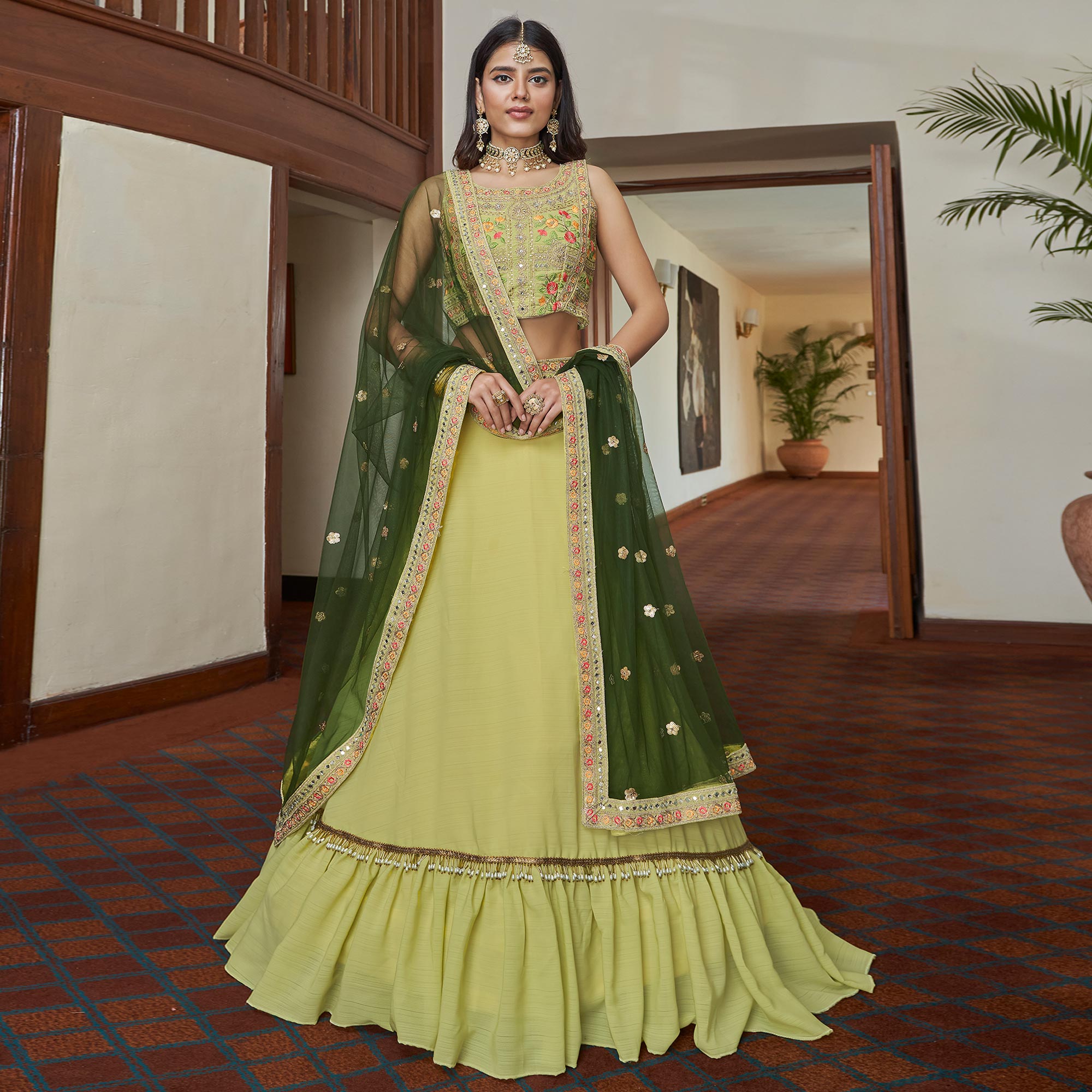 Lemon Yellow Embroidered Art Silk Lehenga Choli