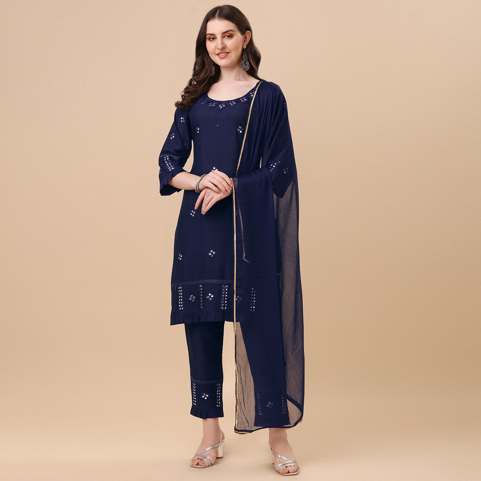Navy Blue Embroidered Rayon Salwar Suit