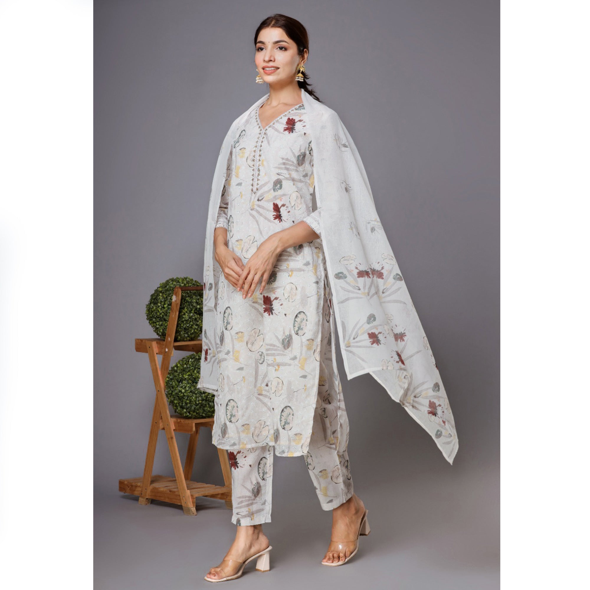 Off White Floral Printed With Embroidered Pure Cotton Suit