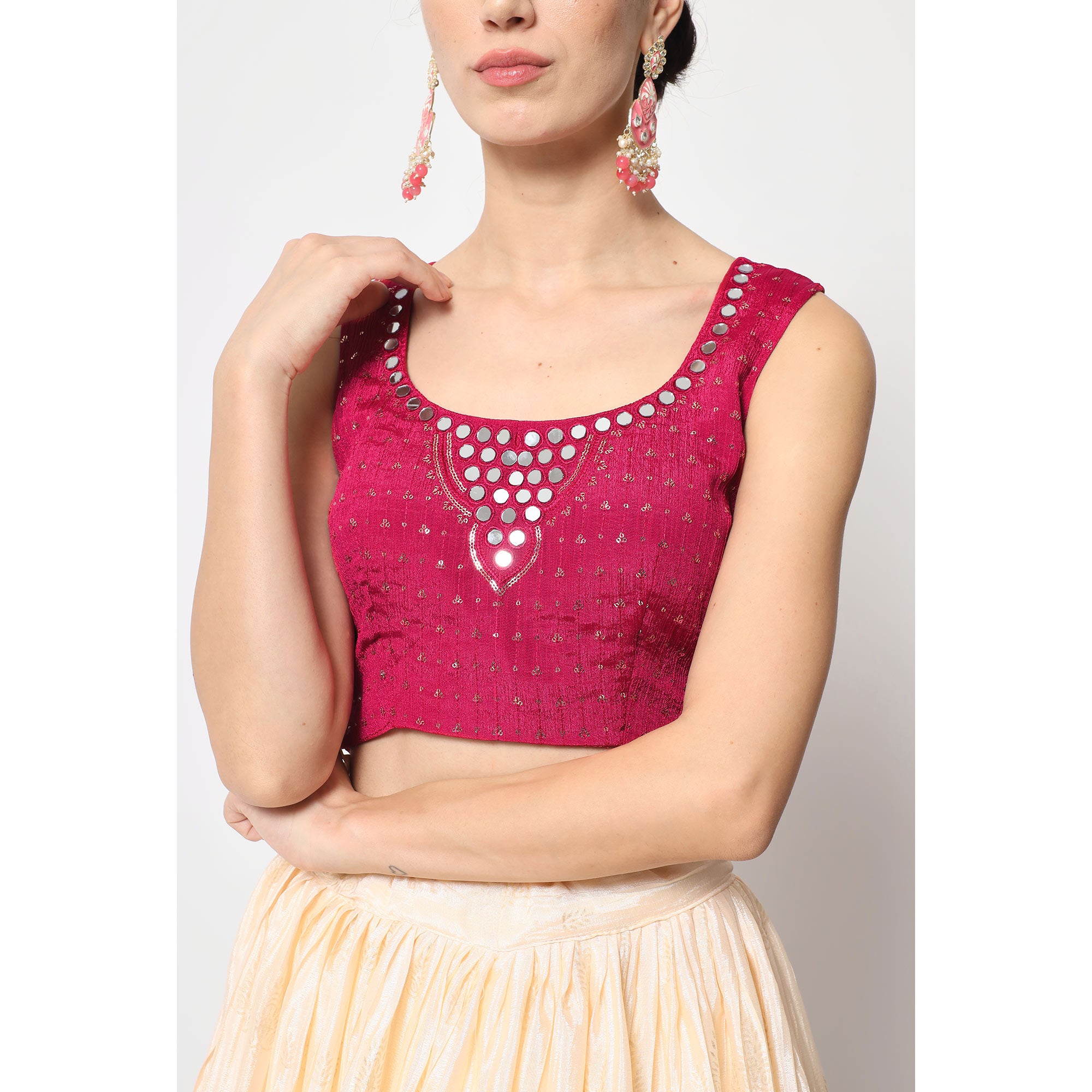 Cream Foil Printed Chiffon Lehenga Choli