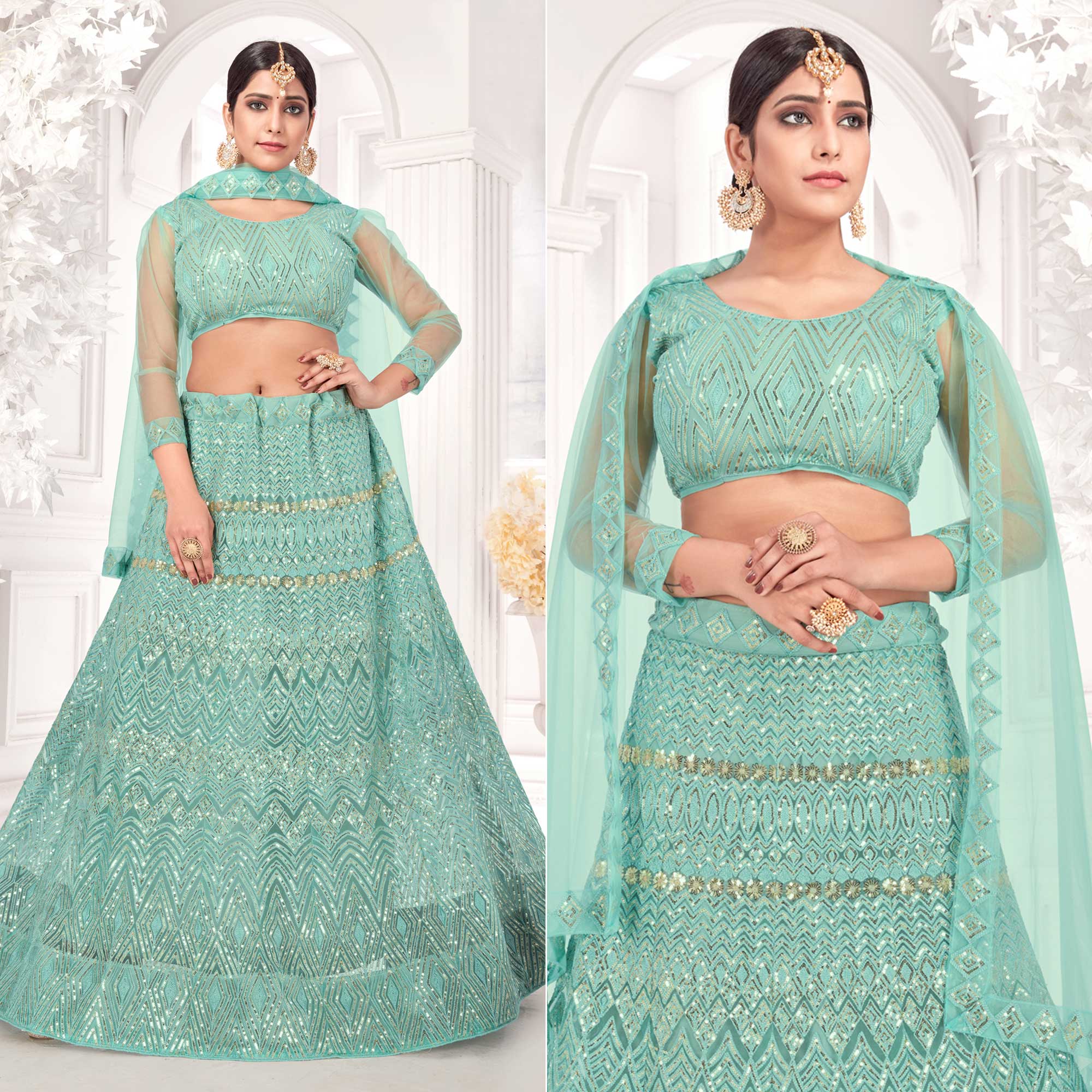 Sea Green Sequins Embroidered Netted Lehenga Choli